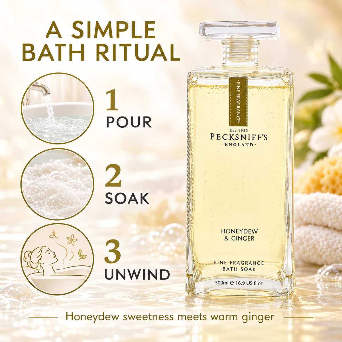 Pecksniff's Prestige Honeydew & Ginger Bath Soak Decanter | 500ml/16.9 Fl Oz