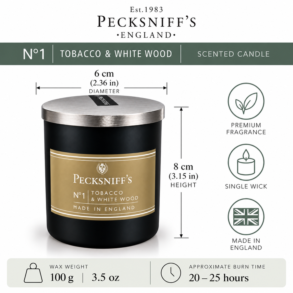 Pecksniffs Tobacco & White Wood Scented Candle | 1 Wick, 100g/3.5oz
