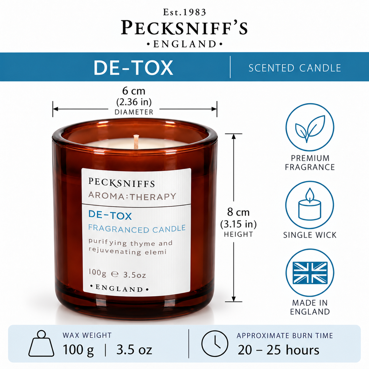 Pecksniff's De-tox Luxury Scented Candle | 1 Wick, 100 g/3.5 oz
