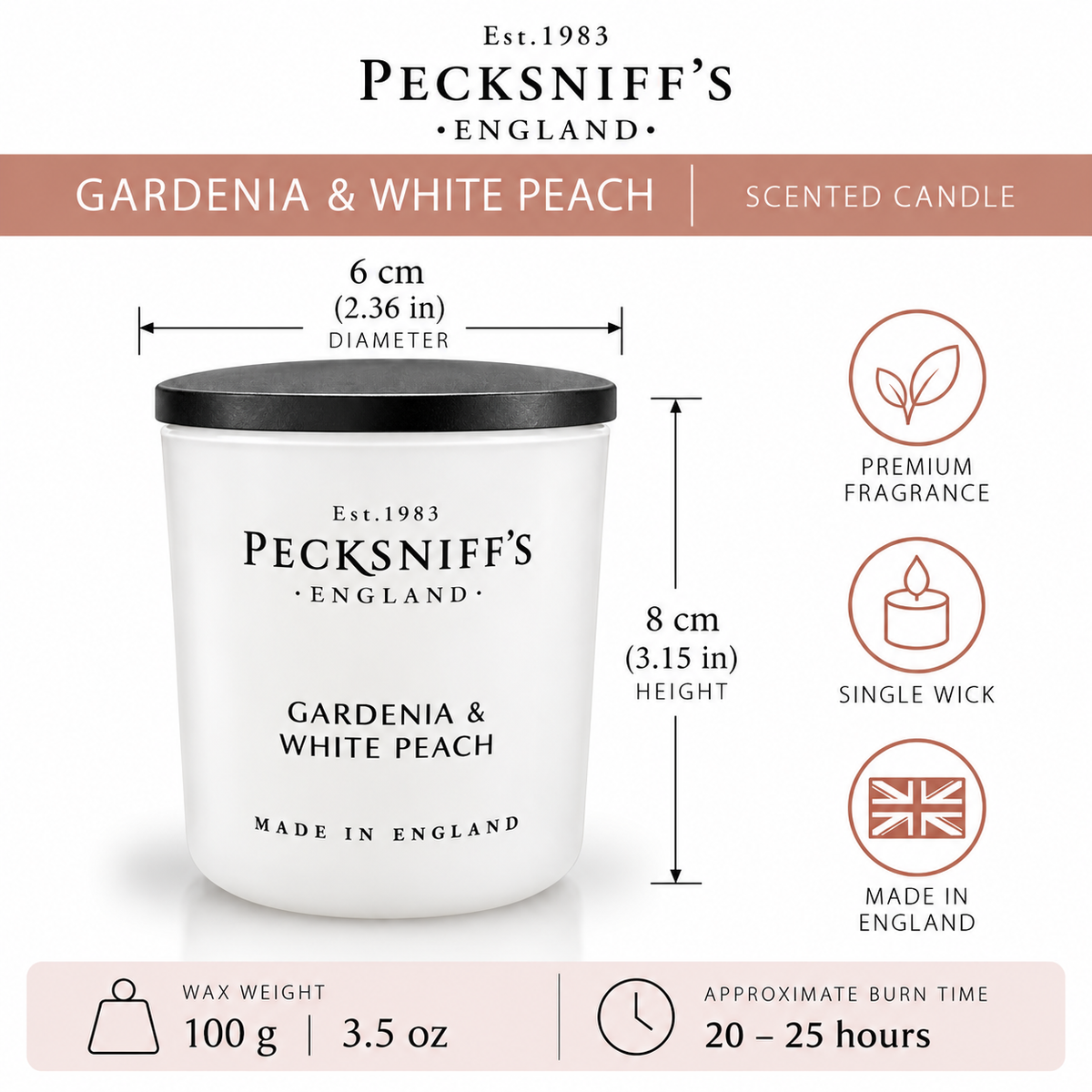 Pecksniff's Gardenia & White Peach Luxury Scented Candle | 1 Wick, 100 g/3.5 oz