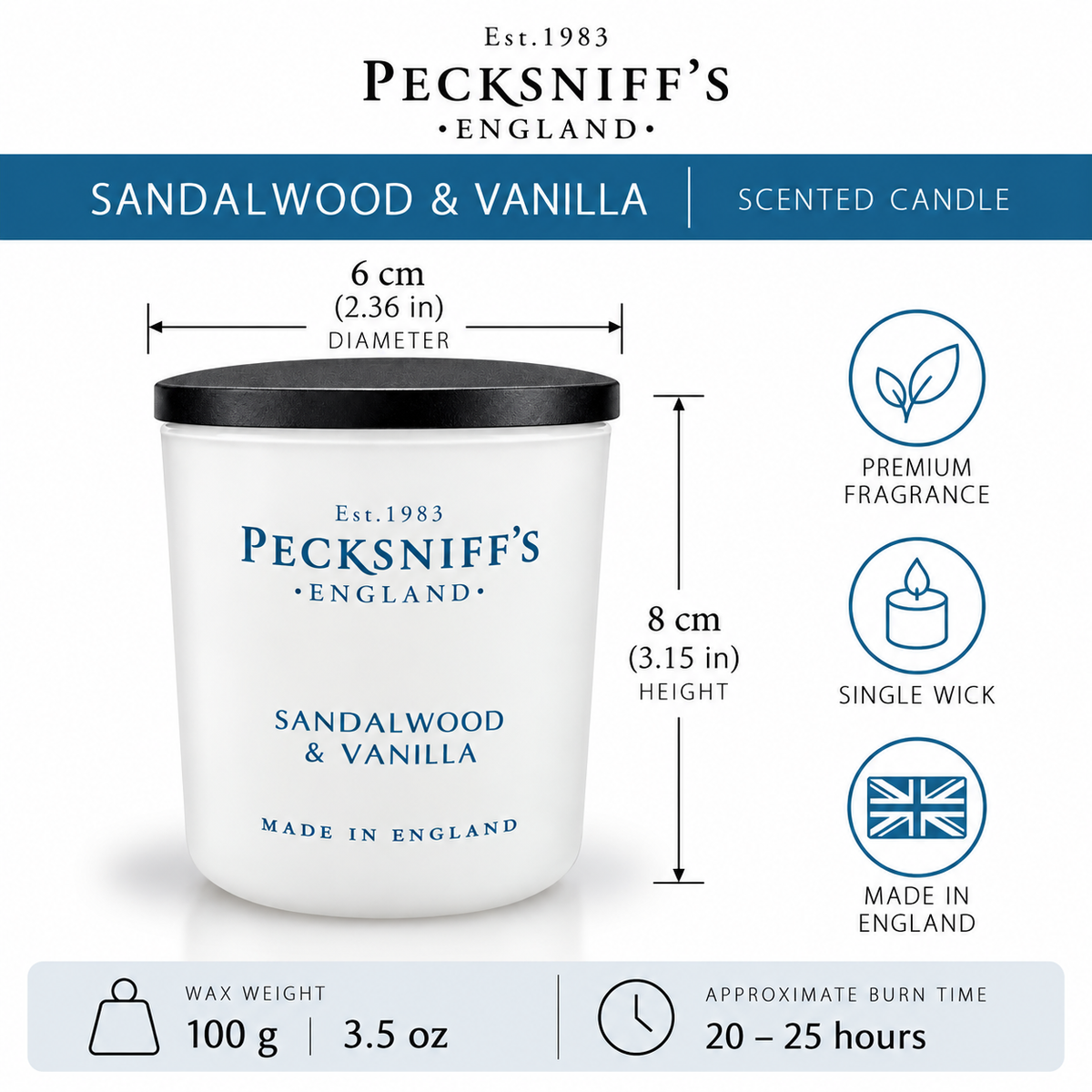 Pecksniff's Sandalwood & Vanilla Luxury Scented Candle | 1 Wick, 100 g/3.5 oz