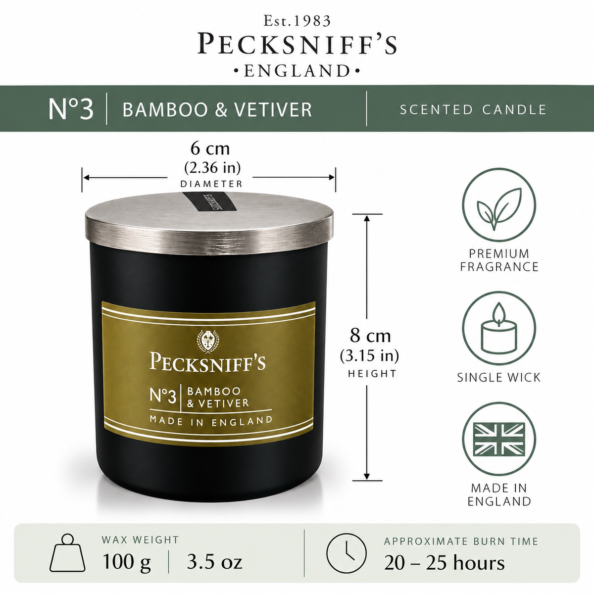 Pecksniffs Bamboo & Vetiver Scented Candle | 1 Wick, 100g/3.5oz