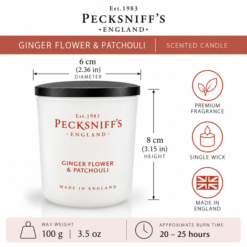 Pecksniff's Ginger Flower & Patchouli Luxury Scented Candle | 1 Wick, 100 g/3.5 oz
