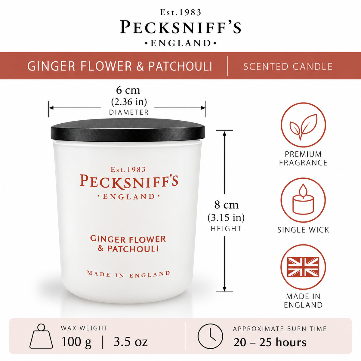 Pecksniff's Ginger Flower & Patchouli Luxury Scented Candle | 1 Wick, 100 g/3.5 oz