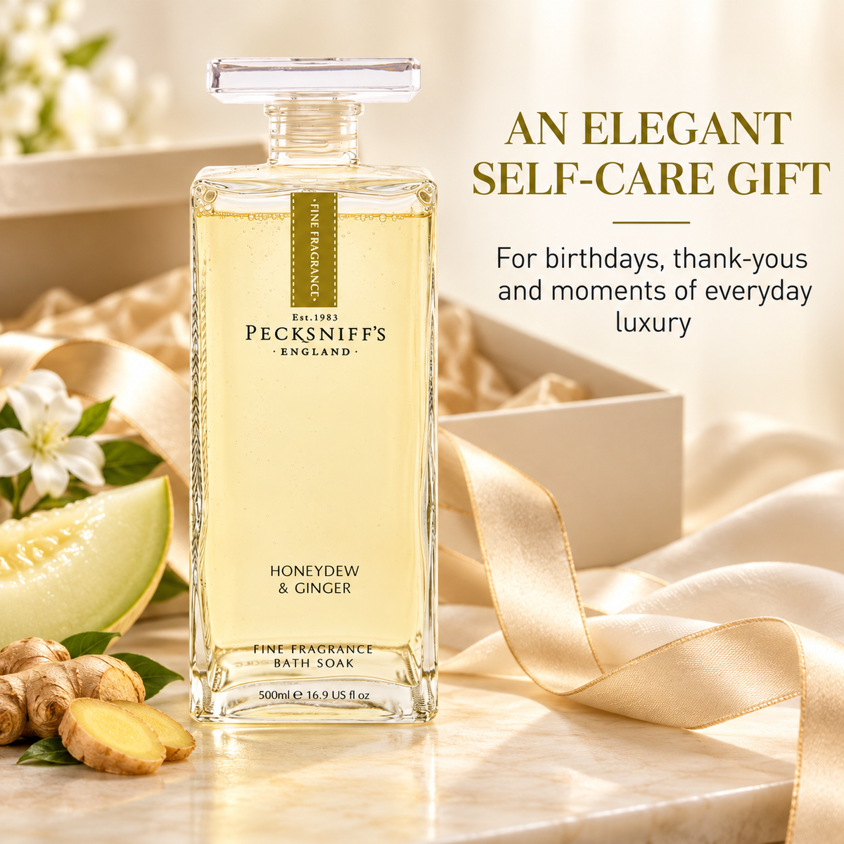 Pecksniff's Prestige Honeydew & Ginger Bath Soak Decanter | 500ml/16.9 Fl Oz