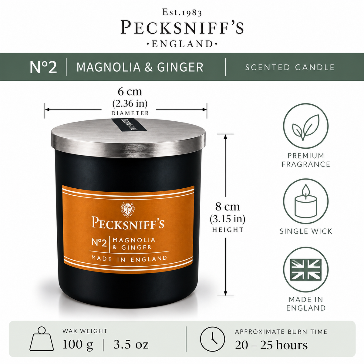 Pecksniffs Magnolia & Ginger Scented Candle | 1 Wick, 100g/3.5oz