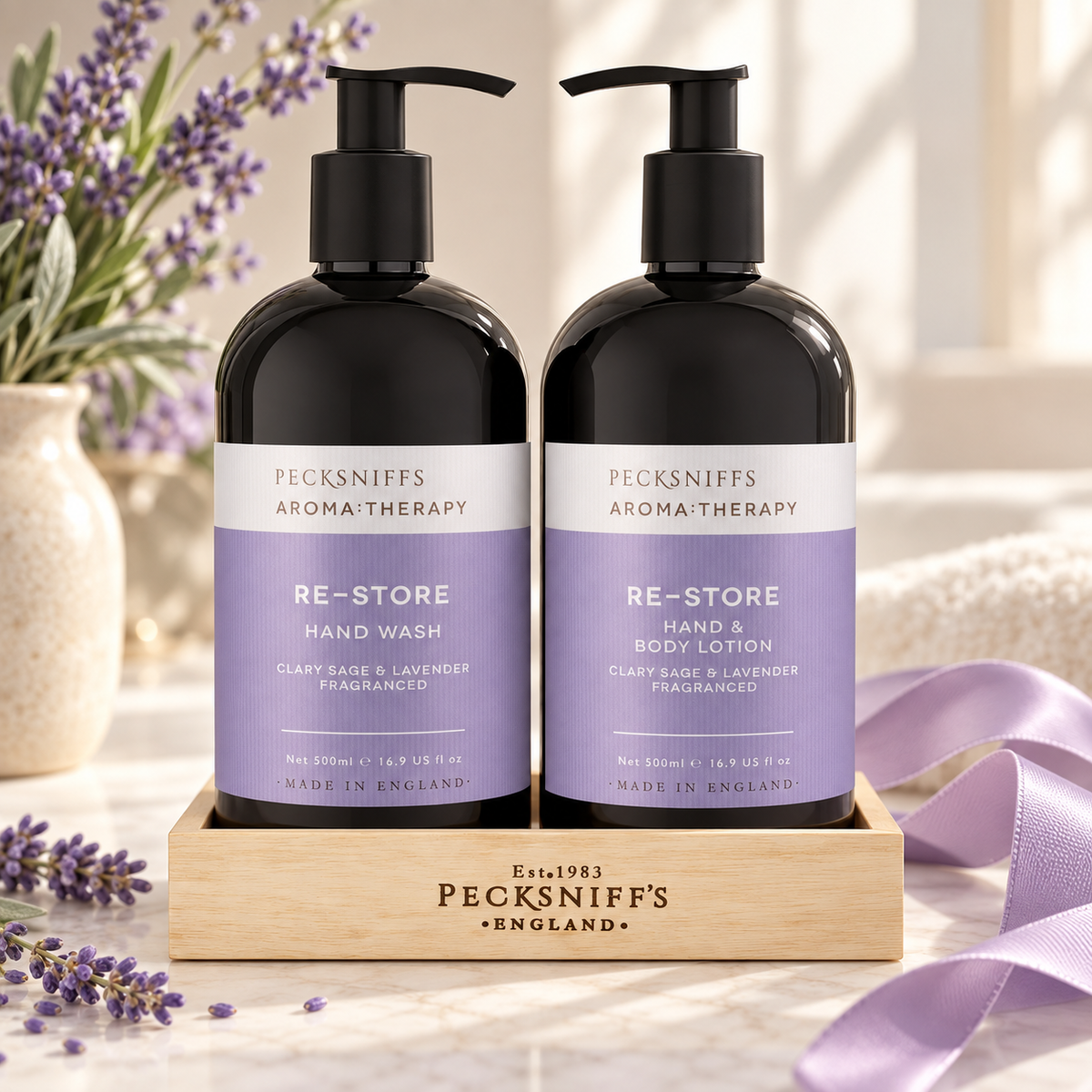 Pecksniff's Aroma:Therapy Re-Store Duo Caddy, 500 ml/16.9 fl oz Hand Wash and 500 ml/16.9 fl oz Hand & Body Lotion