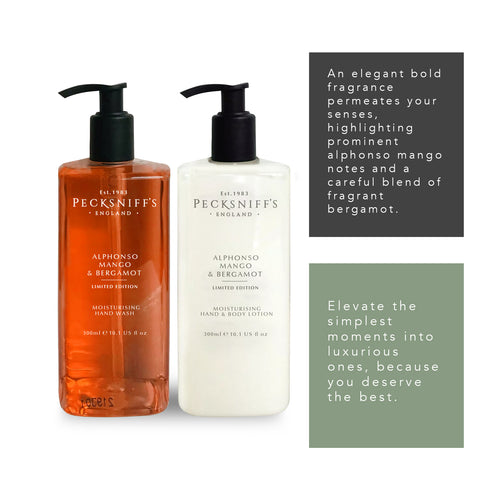 Pecksniff's Alphonso Mango & Bergamot Moisturizing Hand Wash and Hand Lotion in a Black Mesh Caddy | 300ml/10.14 Fl oz