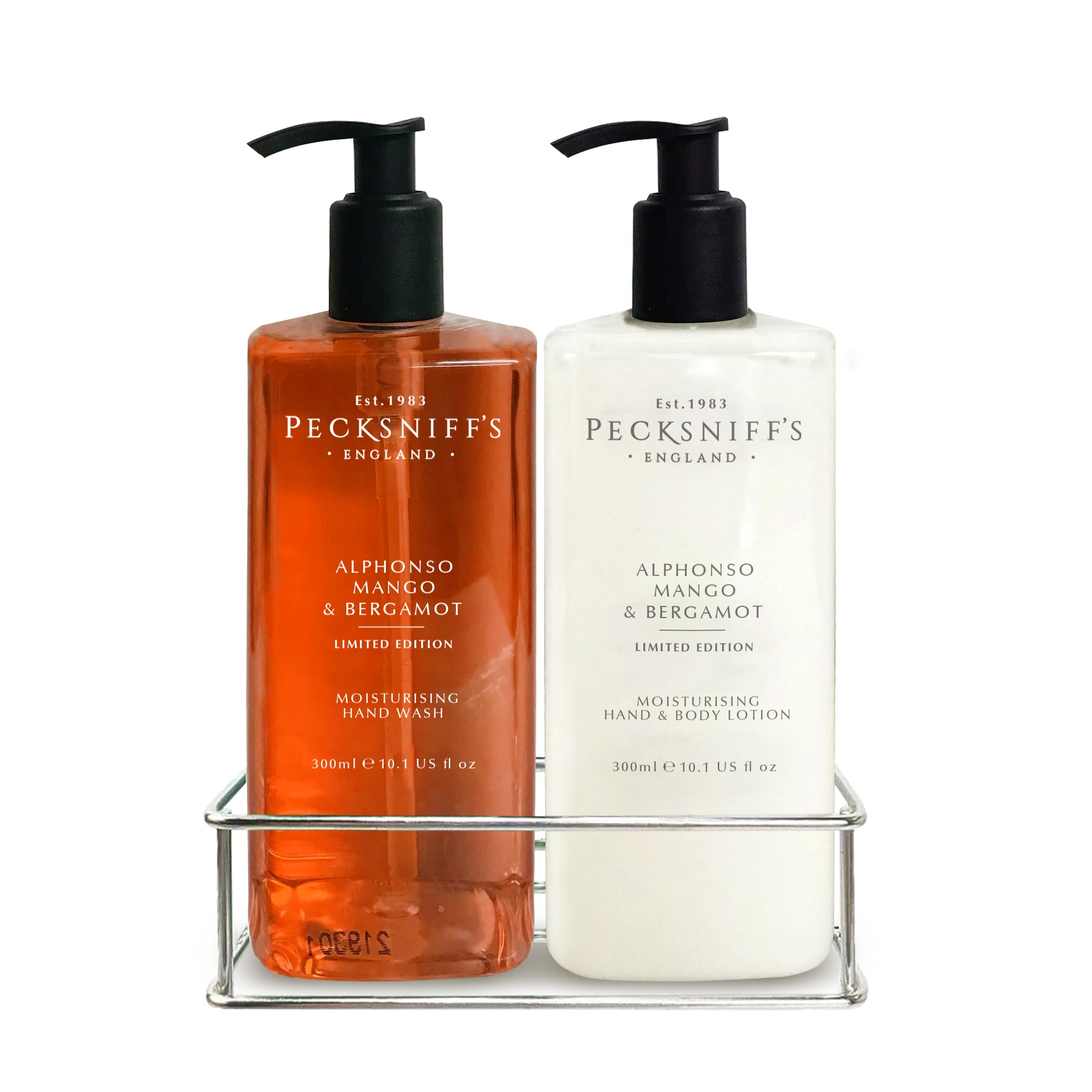 Pecksniffs Alphonso Mango & Bergamot Moisturizing Hand Wash and Hand Lotion in a Black Mesh Caddy | 300ml/10.14 Fl oz