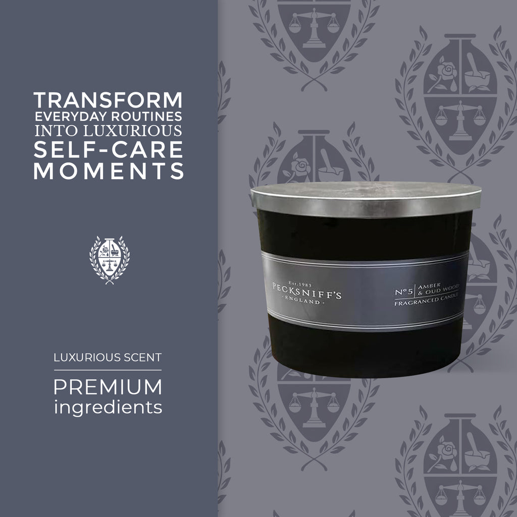 Pecksniffs Luxurious Black Tall Amber & Oud Wood Scented Candle | 3 Wicks, 283g/9.9oz