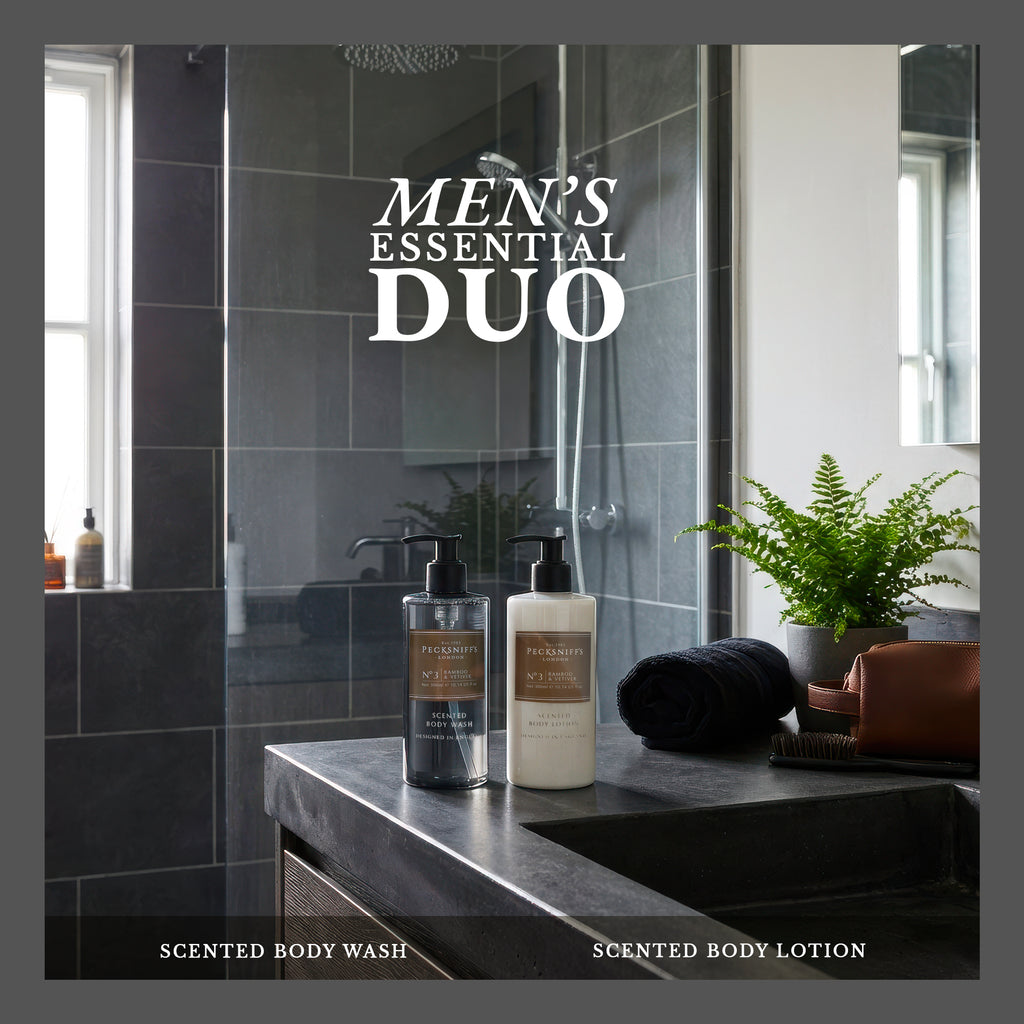 Pecksniffs Men's Bathing Duo Collection – Bamboo & Vetiver Scented Body Wash and Body Lotion Gift Set, 2 x 250ml