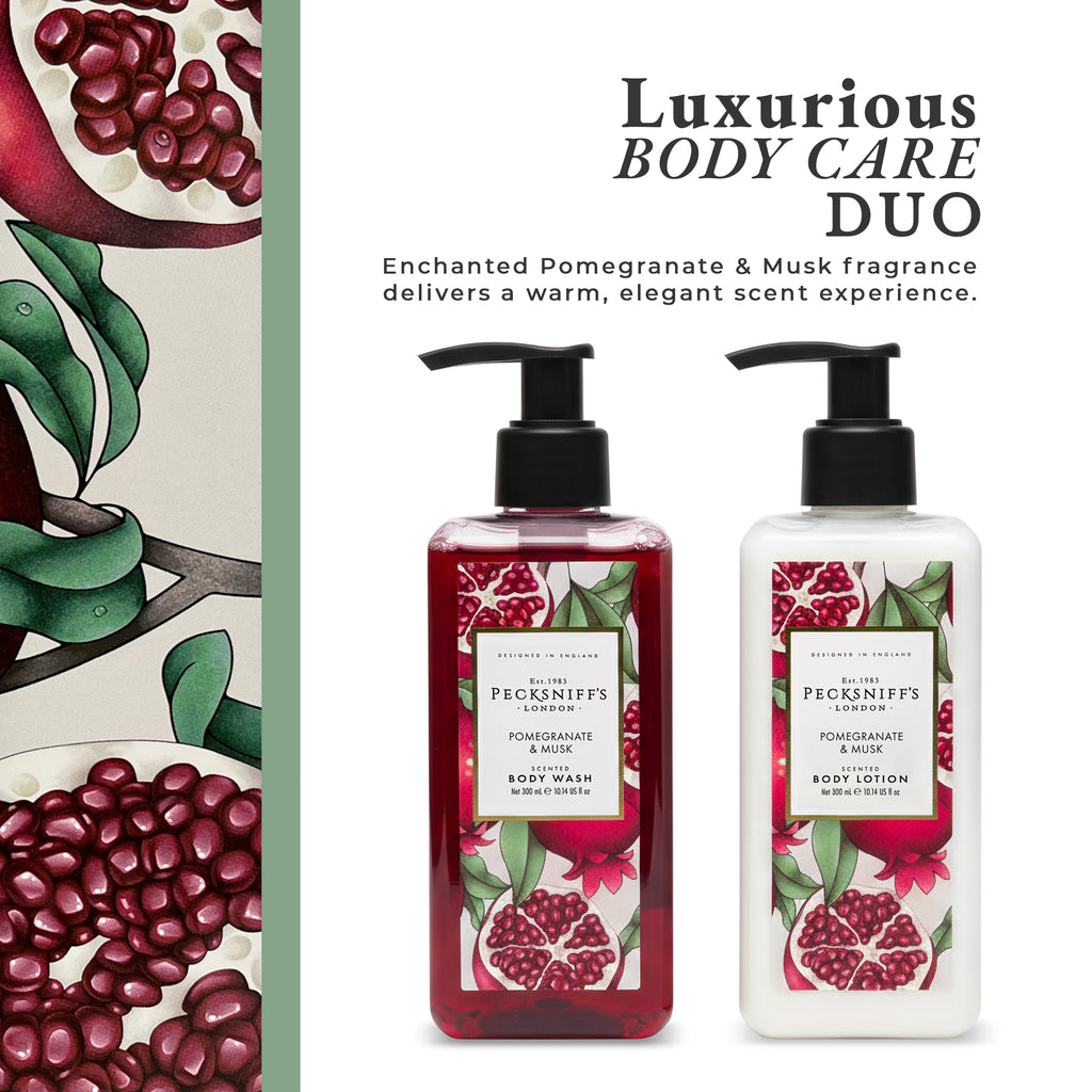 Pecksniff’s Body Care Duo Tin Box – Enchanted Pomegranate & Musk 300ml Body Wash and 300ml Body Lotion Gift Set, Luxury Skincare Collection with Reusable Tin, Hydrating & Nourishing Daily Care