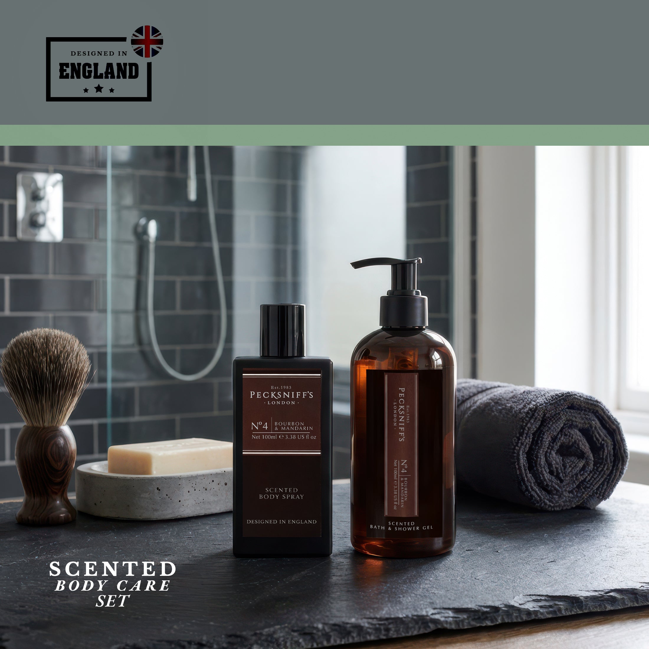 Pecksniff’s Men’s Body Duo Set – Bourbon & Mandarin Scented Bath & Shower Gel 250ml & Body Spray 100ml – Luxury Grooming Gift Set for Him