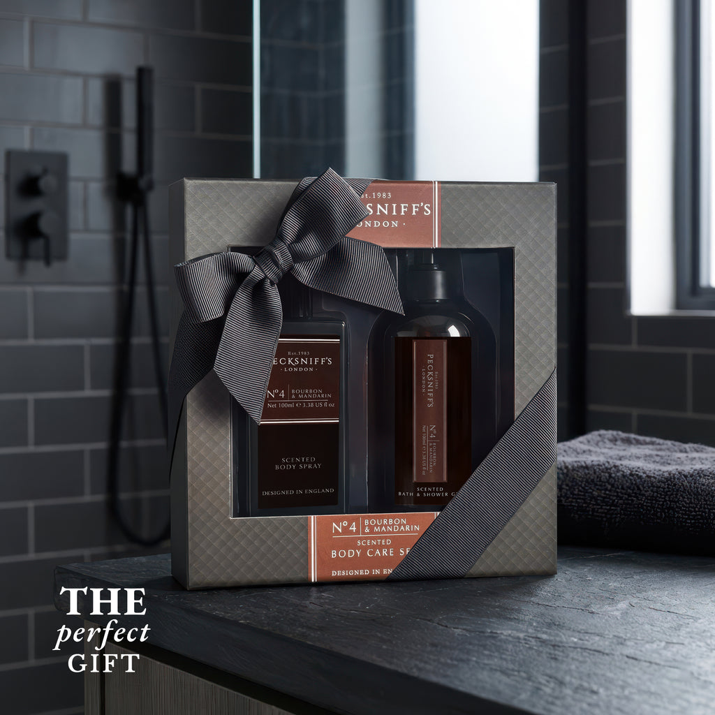 Pecksniff’s Men’s Body Duo Set – Bourbon & Mandarin Scented Bath & Shower Gel 250ml & Body Spray 100ml – Luxury Grooming Gift Set for Him