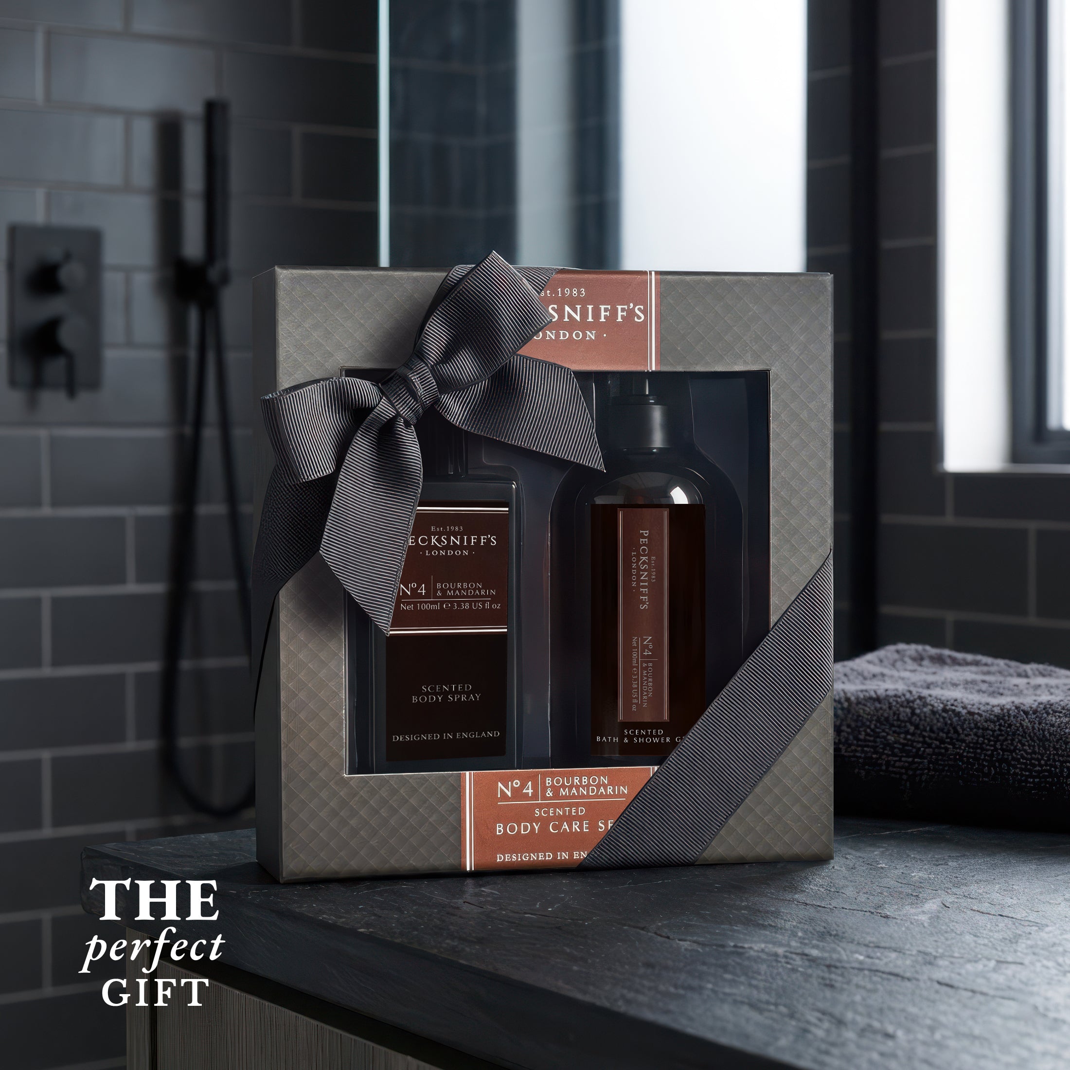 Pecksniff’s Men’s Body Duo Set – Bourbon & Mandarin Scented Bath & Shower Gel 250ml & Body Spray 100ml – Luxury Grooming Gift Set for Him