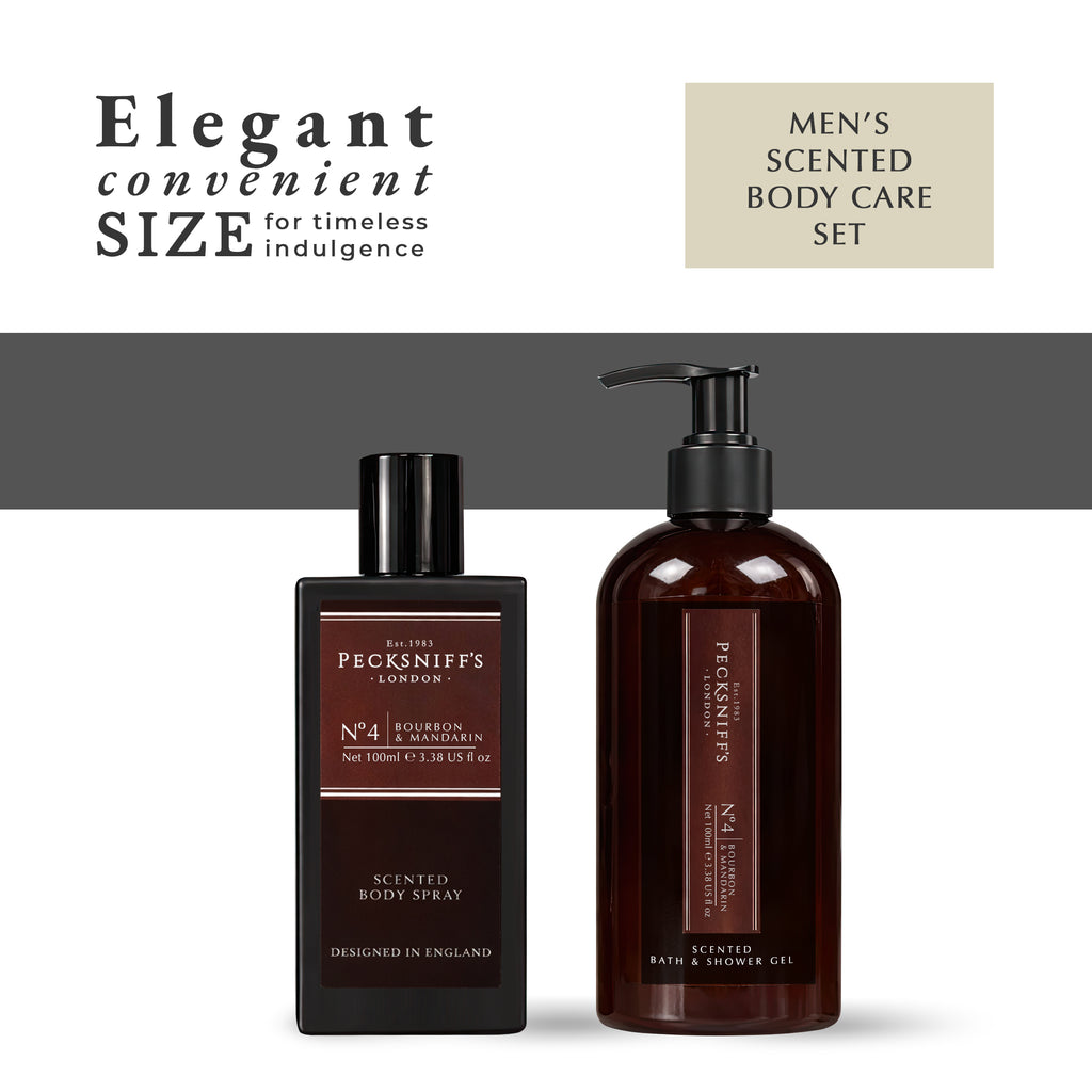 Pecksniff’s Men’s Body Duo Set – Bourbon & Mandarin Scented Bath & Shower Gel 250ml & Body Spray 100ml – Luxury Grooming Gift Set for Him