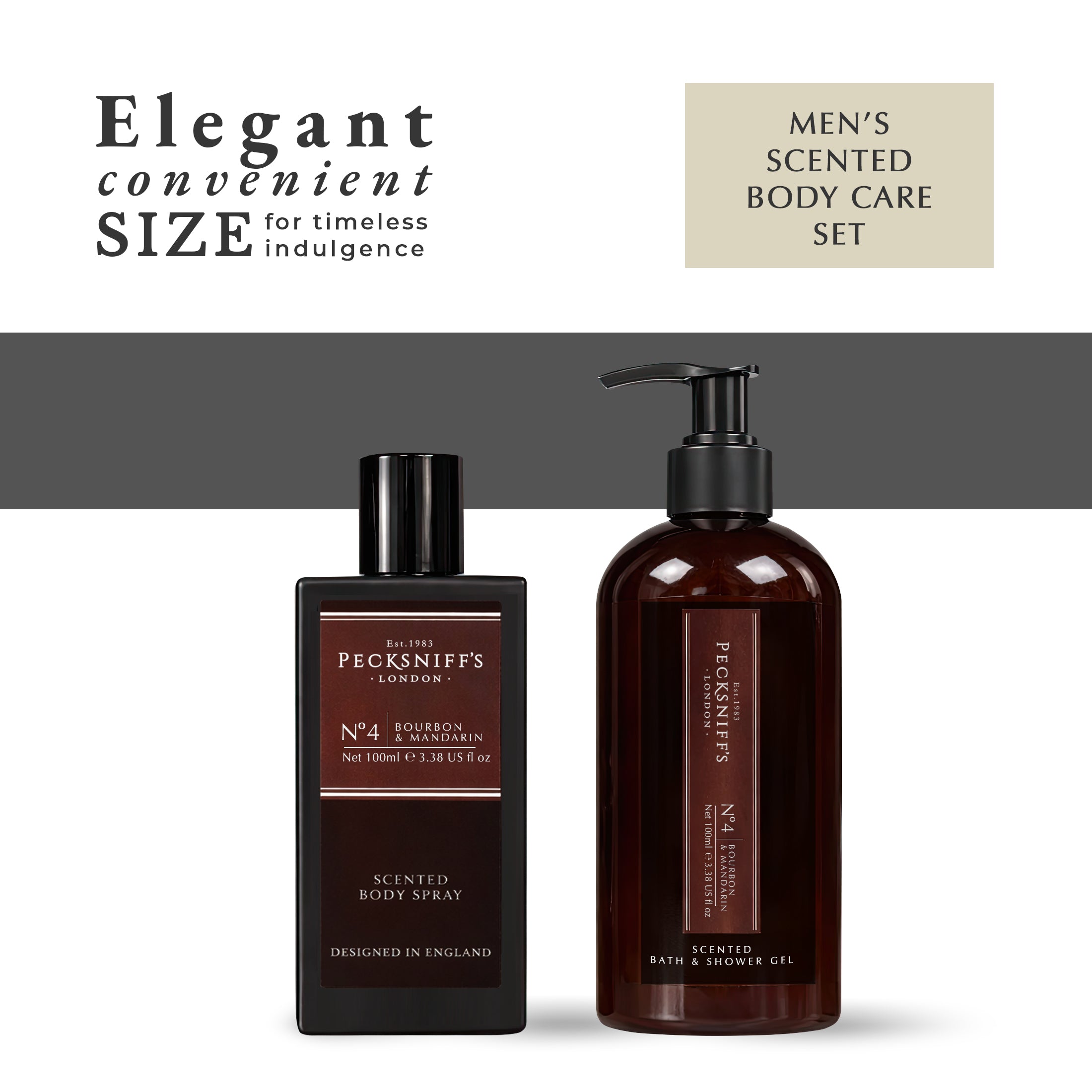 Pecksniff’s Men’s Body Duo Set – Bourbon & Mandarin Scented Bath & Shower Gel 250ml & Body Spray 100ml – Luxury Grooming Gift Set for Him