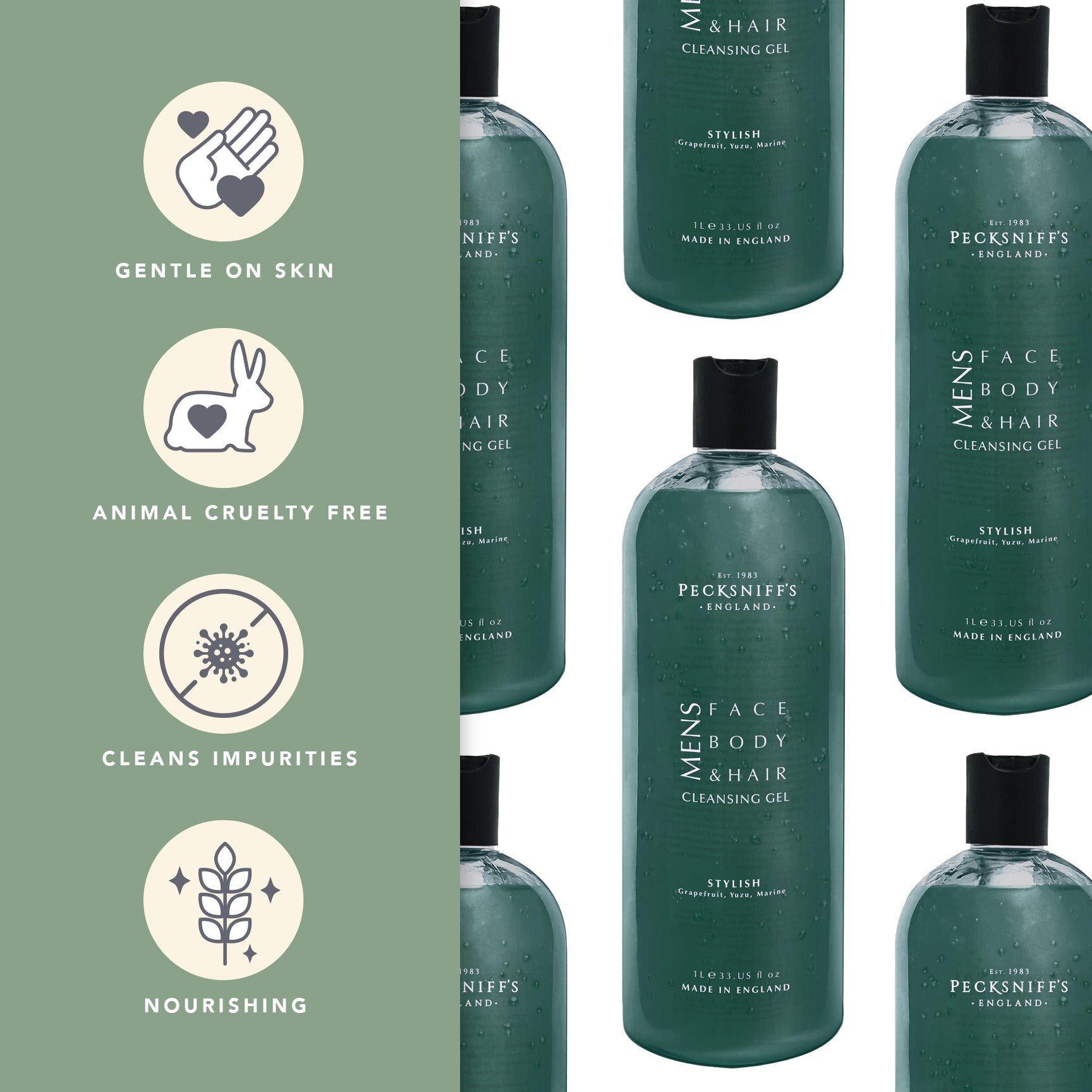 Pecksniffs Stylish 3-In-1 Cleansing Gel | 1L/1000 ml/33.81 Fl Oz