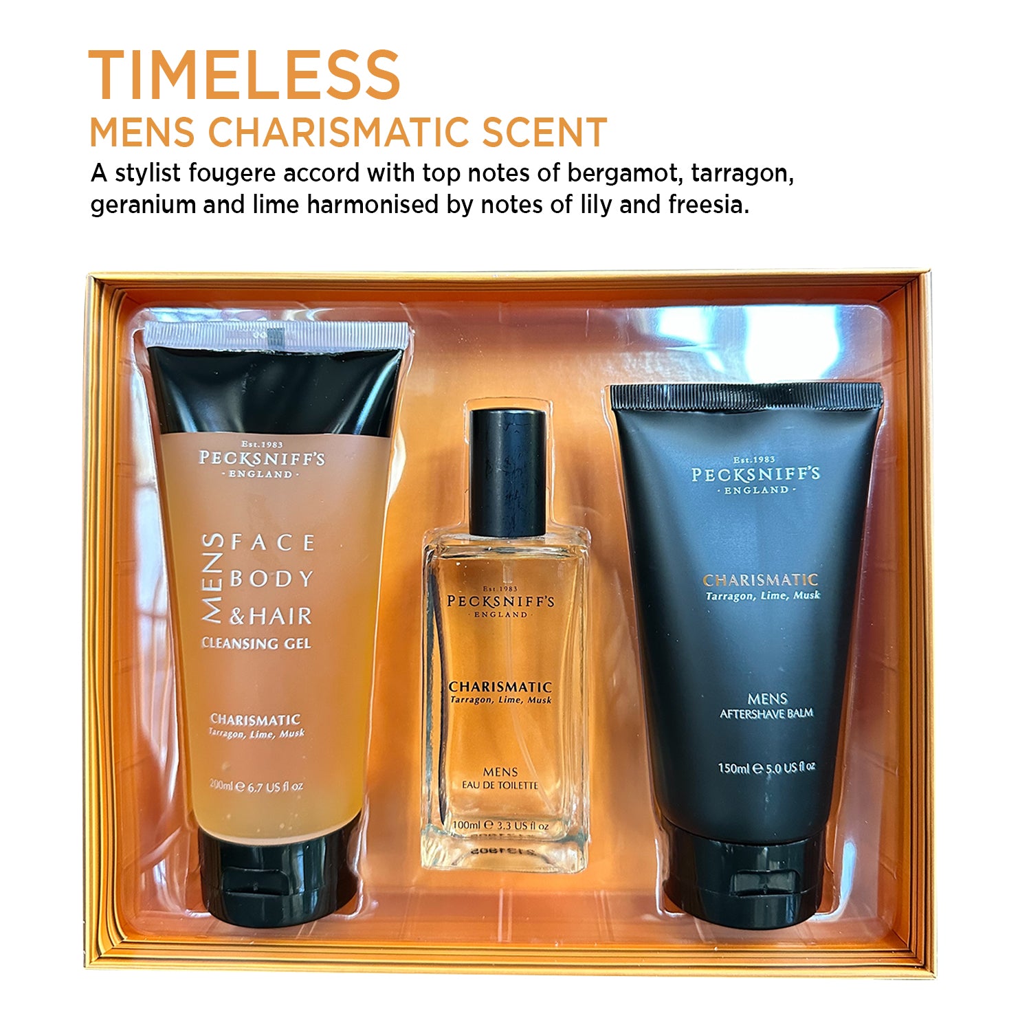 Pecksniffs Charismatic Men's Fragrance Trio: Eau de Toilette, Aftershave Balm, Cleansing Gel Set