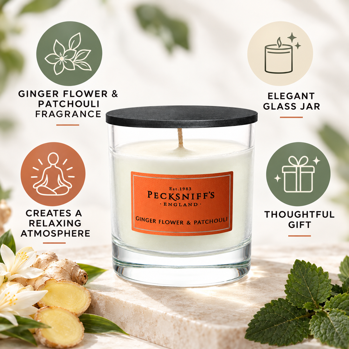 Pecksniff's Classic Ginger Flower & Patchouli Scented Candle | 1 Wick, 184g/6.49oz