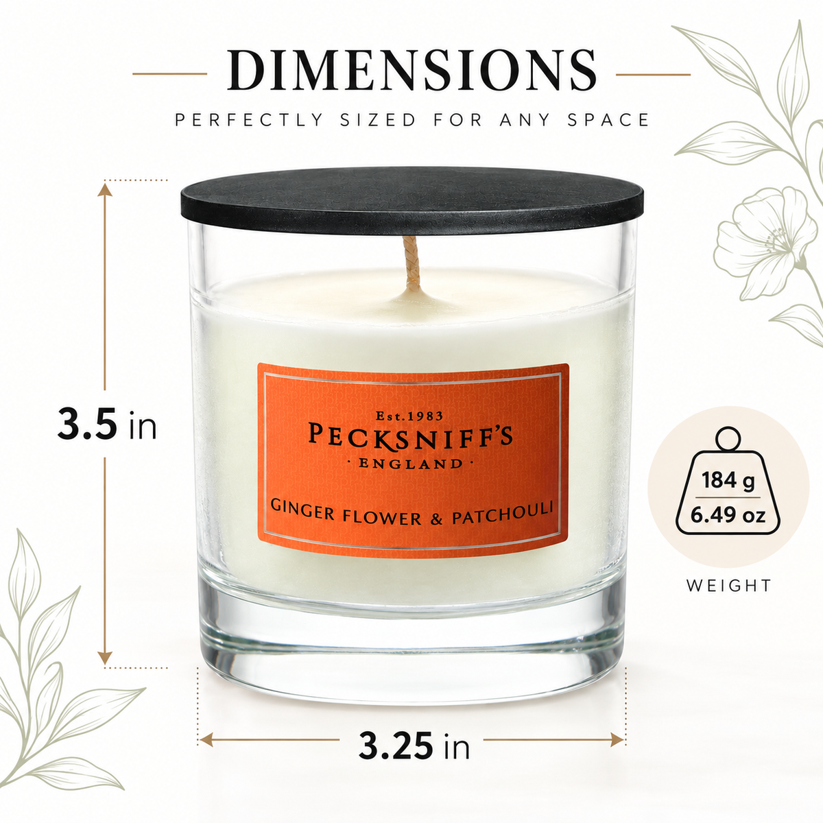 Pecksniff's Classic Ginger Flower & Patchouli Scented Candle | 1 Wick, 184g/6.49oz