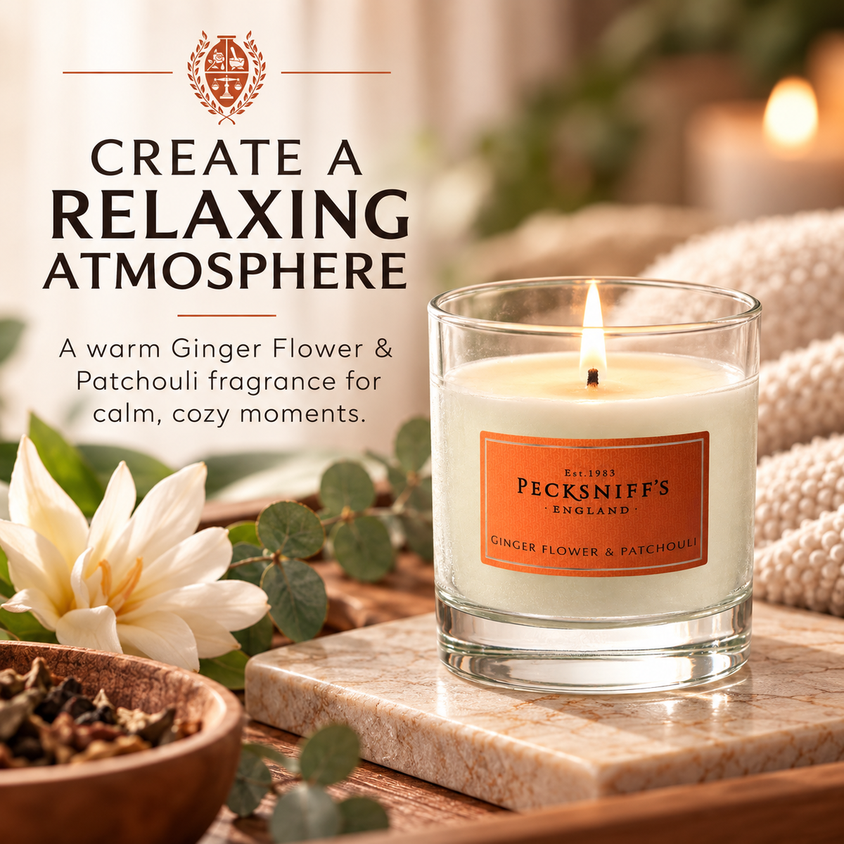 Pecksniff's Classic Ginger Flower & Patchouli Scented Candle | 1 Wick, 184g/6.49oz