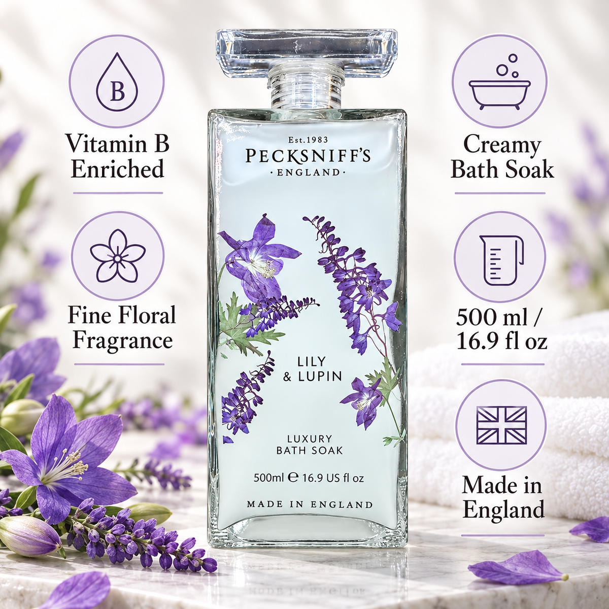 Pecksniff's Lily & Lupin Bath Soak Decanter | 500ml/16.9 Fl Oz