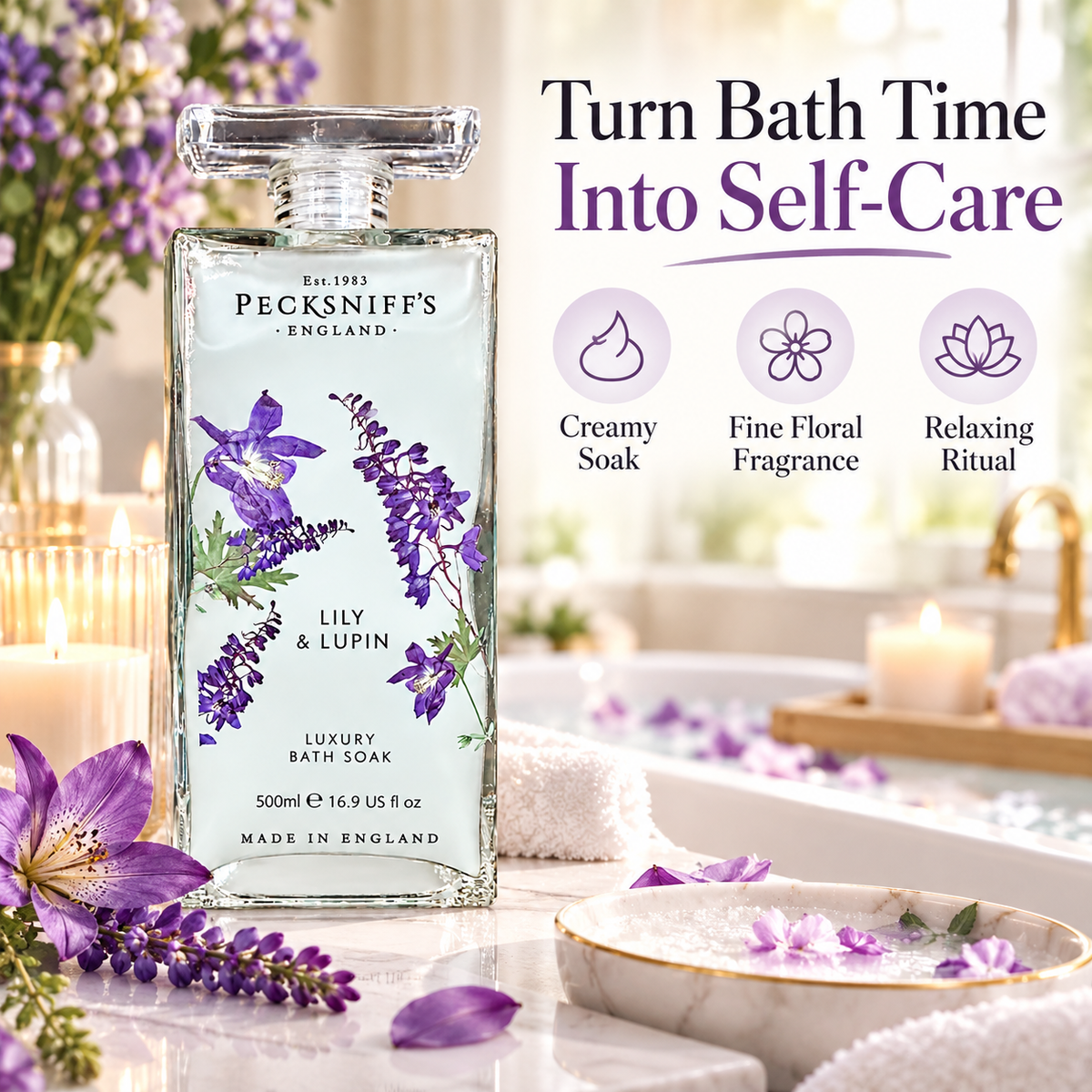 Pecksniff's Lily & Lupin Bath Soak Decanter | 500ml/16.9 Fl Oz
