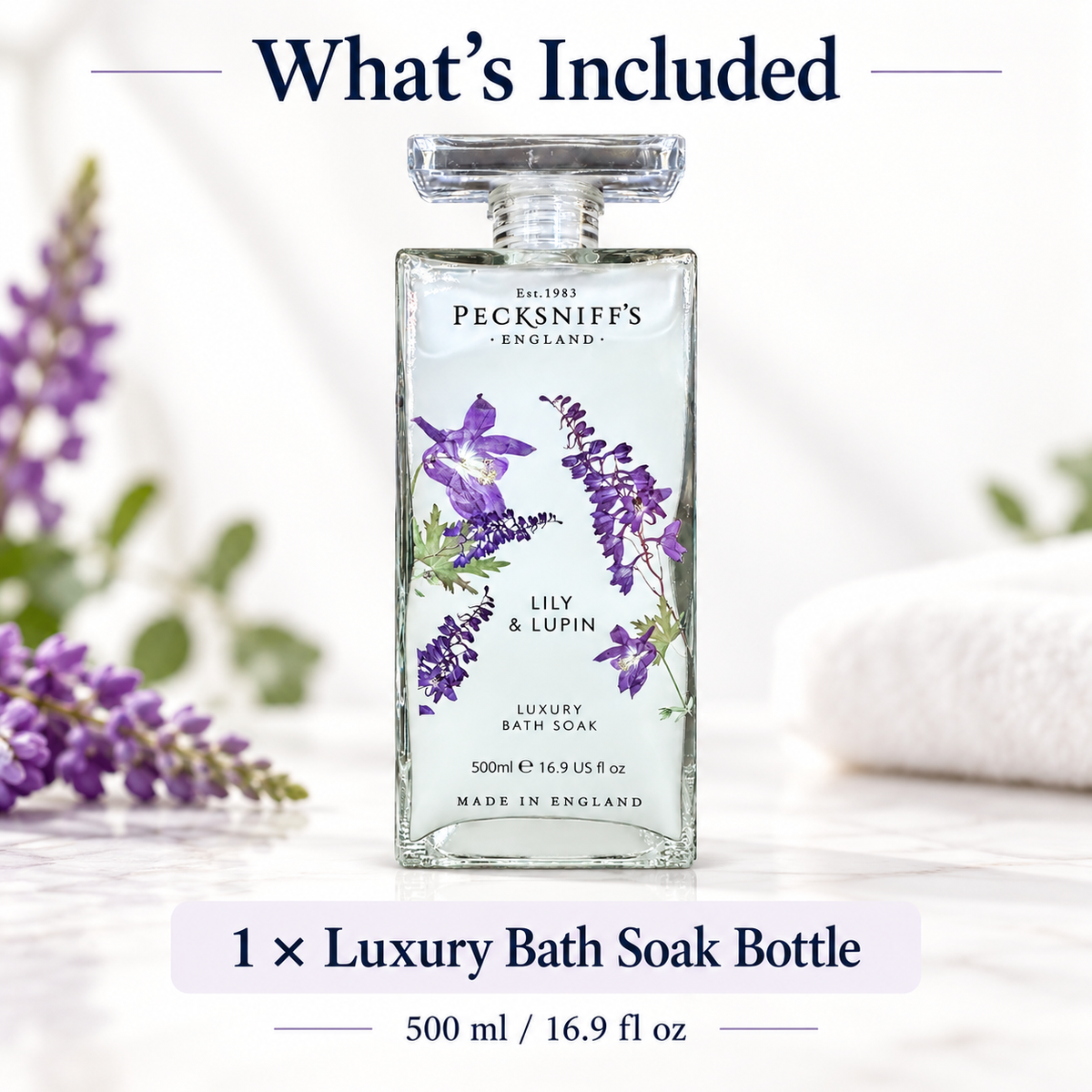 Pecksniff's Lily & Lupin Bath Soak Decanter | 500ml/16.9 Fl Oz
