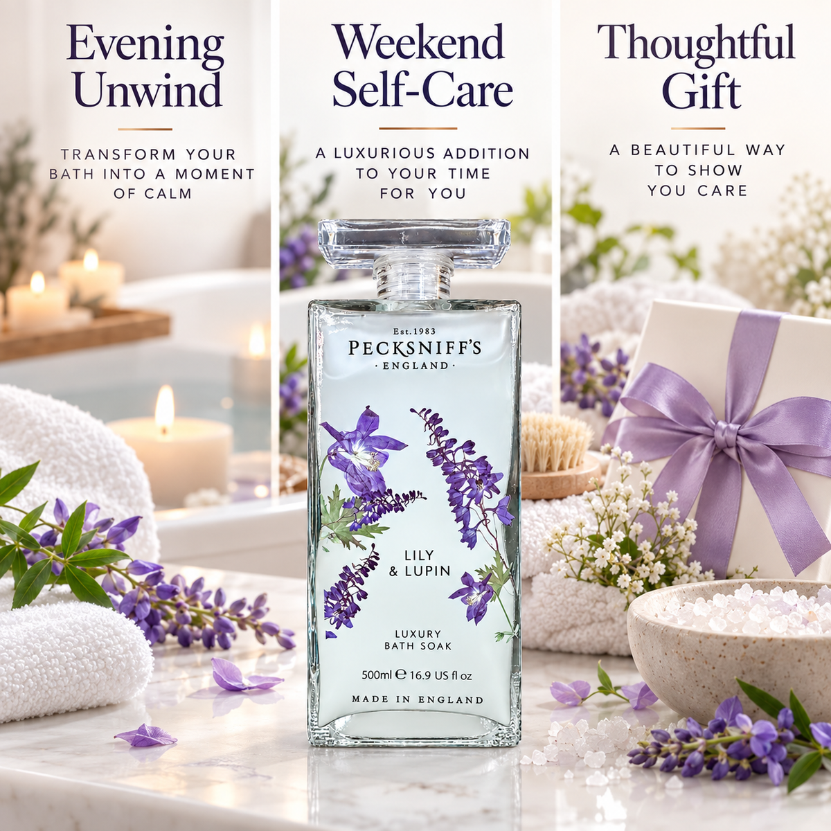 Pecksniff's Lily & Lupin Bath Soak Decanter | 500ml/16.9 Fl Oz