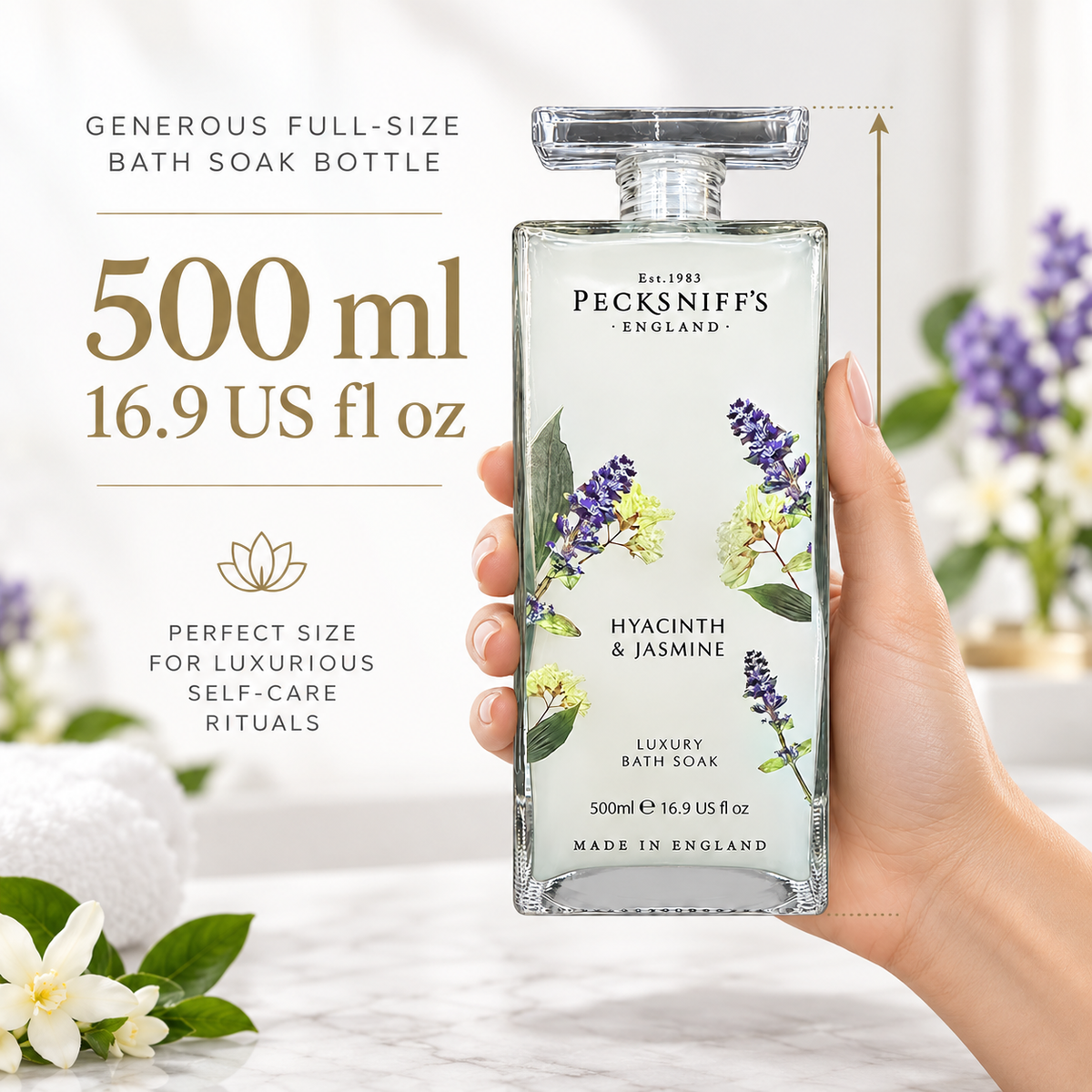 Pecksniff's Hyacinth & Jasmine Bath Soak Decanter | 500ml/16.9 Fl Oz