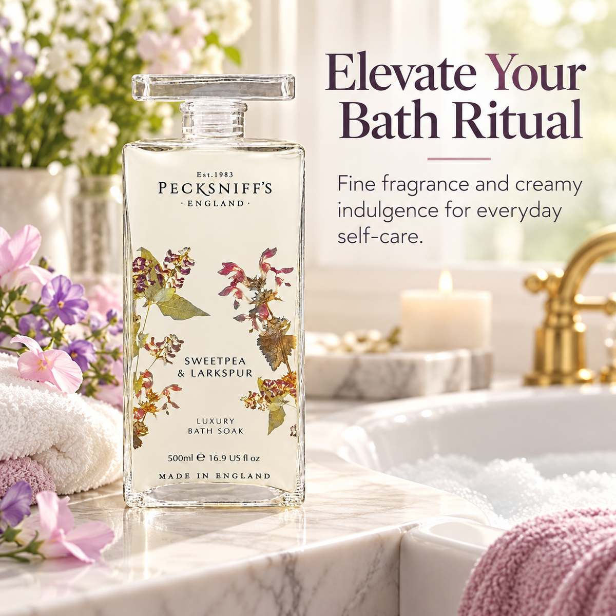 Pecksniff's Sweat Pea & Larkspur Bath Soak Decanter | 500ml/16.9 Fl Oz