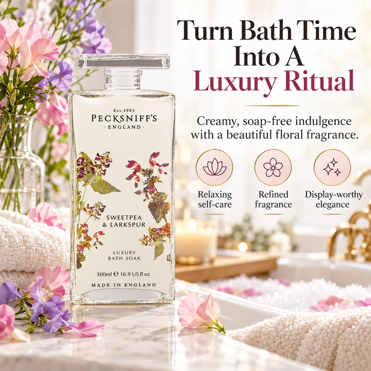 Pecksniff's Sweat Pea & Larkspur Bath Soak Decanter | 500ml/16.9 Fl Oz