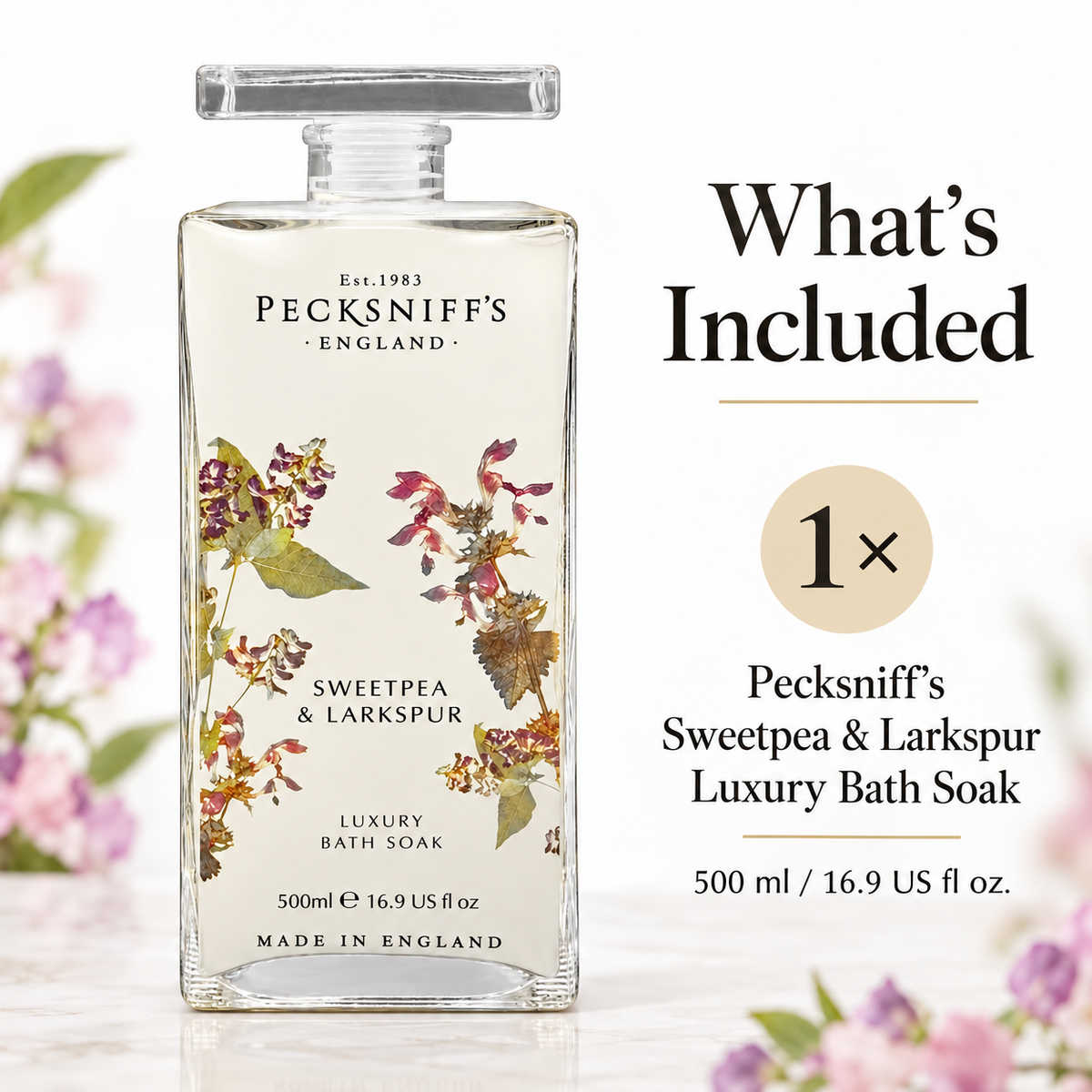 Pecksniff's Sweat Pea & Larkspur Bath Soak Decanter | 500ml/16.9 Fl Oz