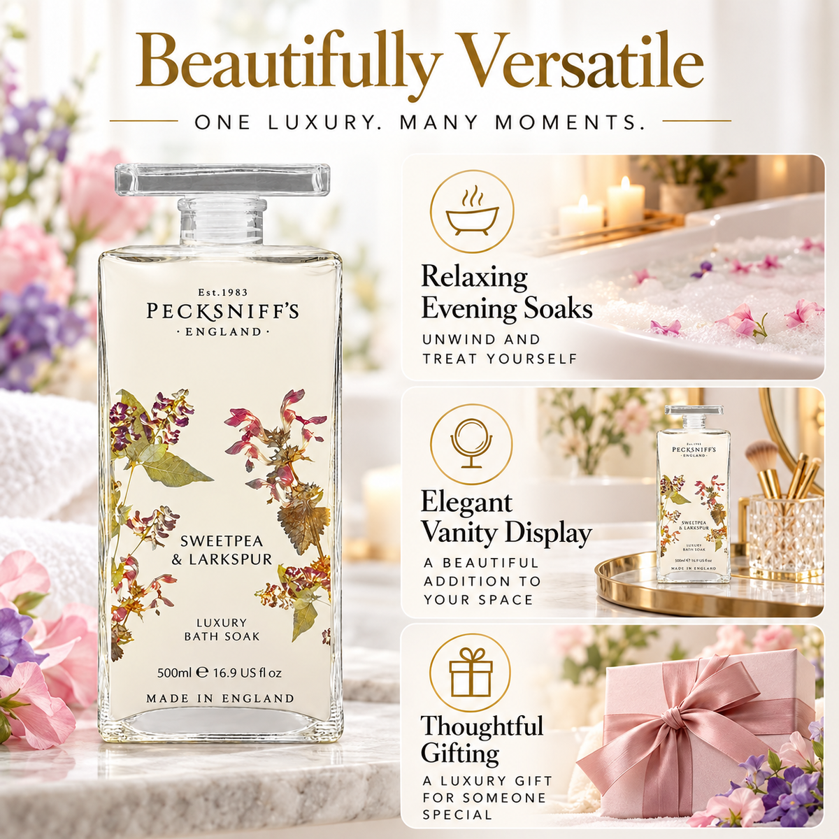 Pecksniff's Sweat Pea & Larkspur Bath Soak Decanter | 500ml/16.9 Fl Oz
