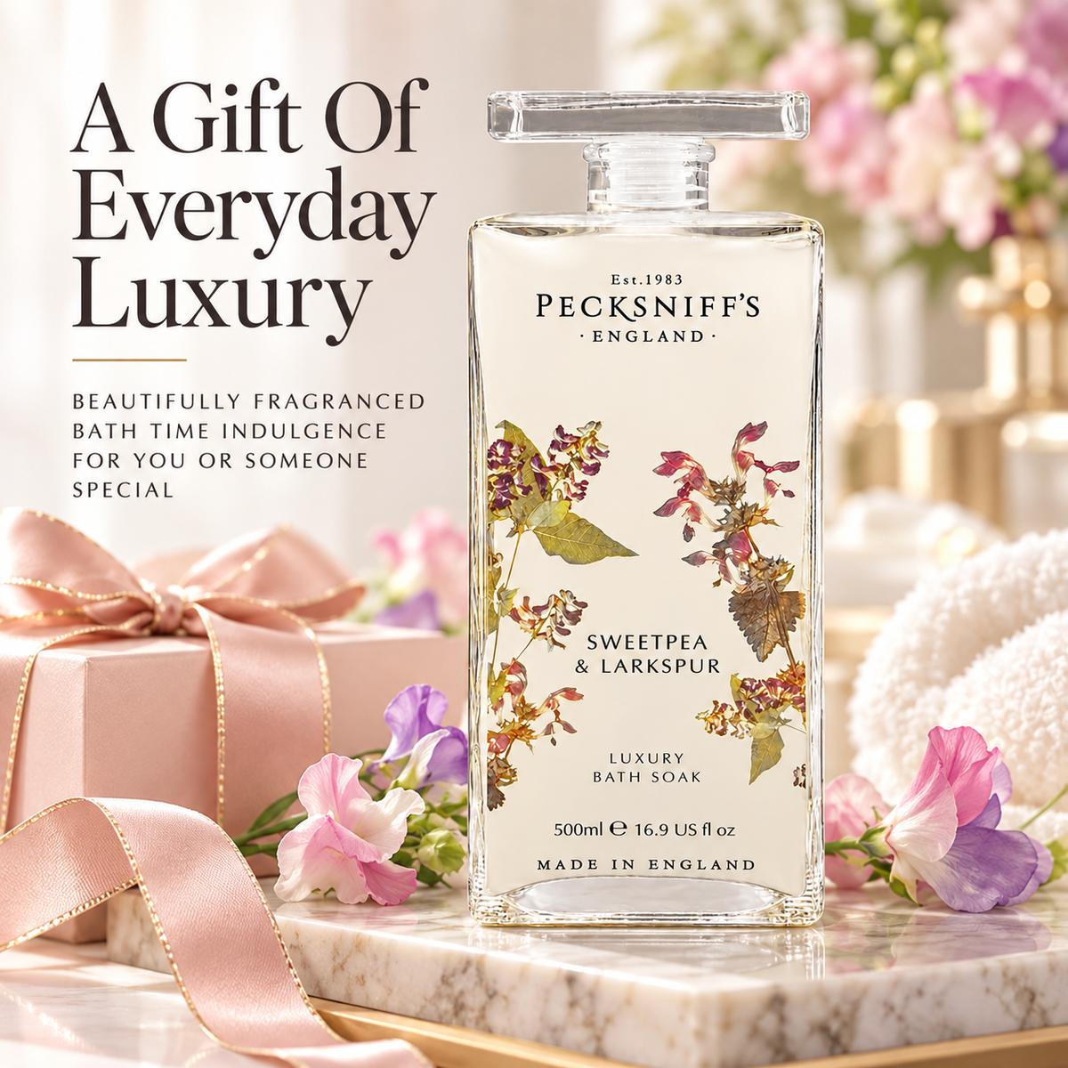 Pecksniff's Sweat Pea & Larkspur Bath Soak Decanter | 500ml/16.9 Fl Oz