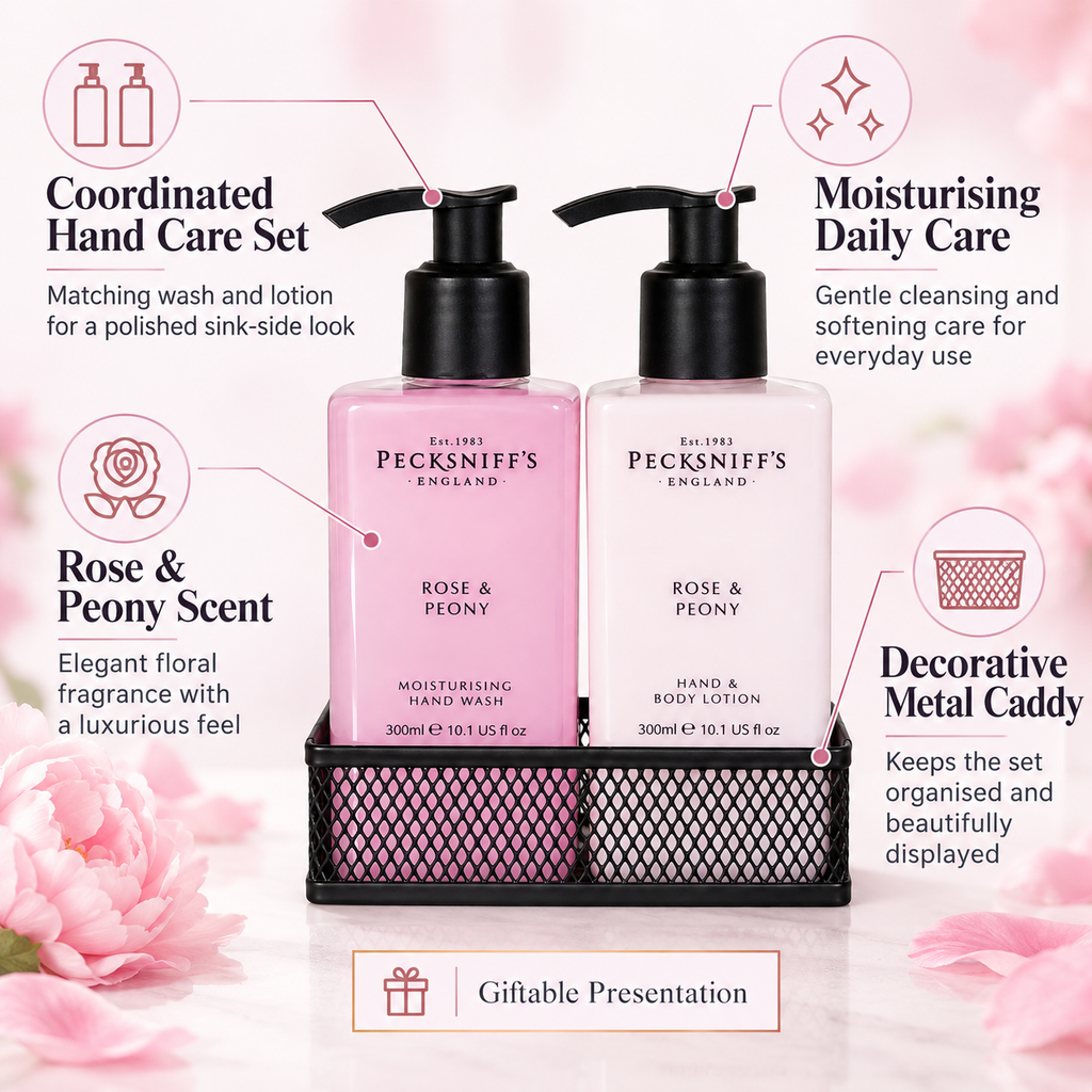 Pecksniff's Rose & Peony Moisturizing Hand Wash, Lotion & Caddy | 300ml/10.14 Fl oz
