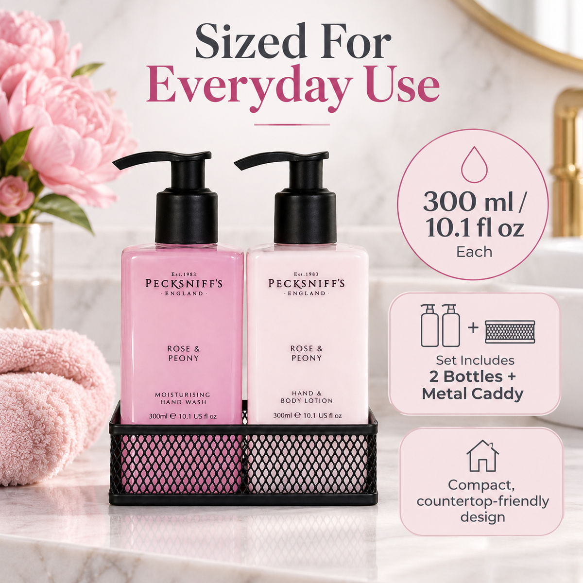 Pecksniff's Rose & Peony Moisturizing Hand Wash, Lotion & Caddy | 300ml/10.14 Fl oz