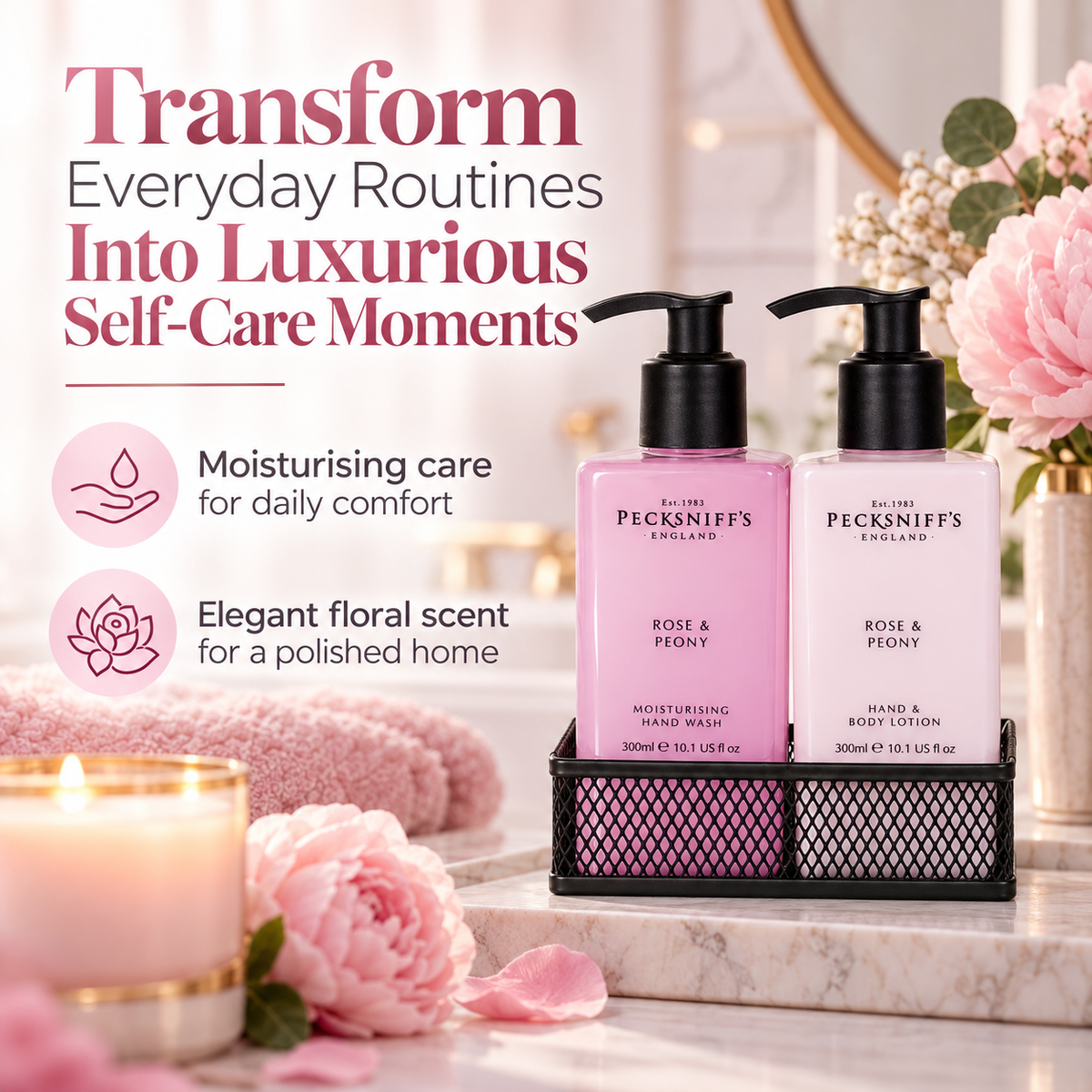 Pecksniff's Rose & Peony Moisturizing Hand Wash, Lotion & Caddy | 300ml/10.14 Fl oz