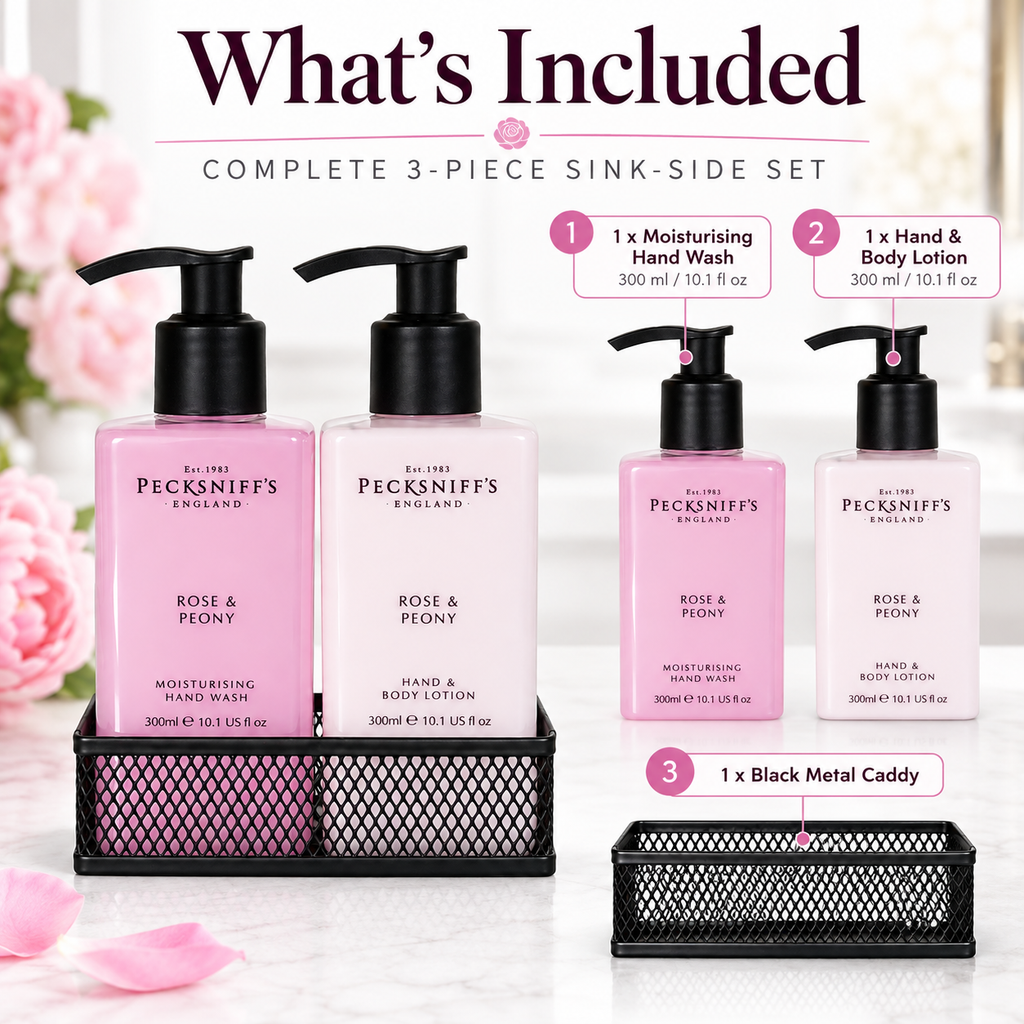 Pecksniff's Rose & Peony Moisturizing Hand Wash, Lotion & Caddy | 300ml/10.14 Fl oz