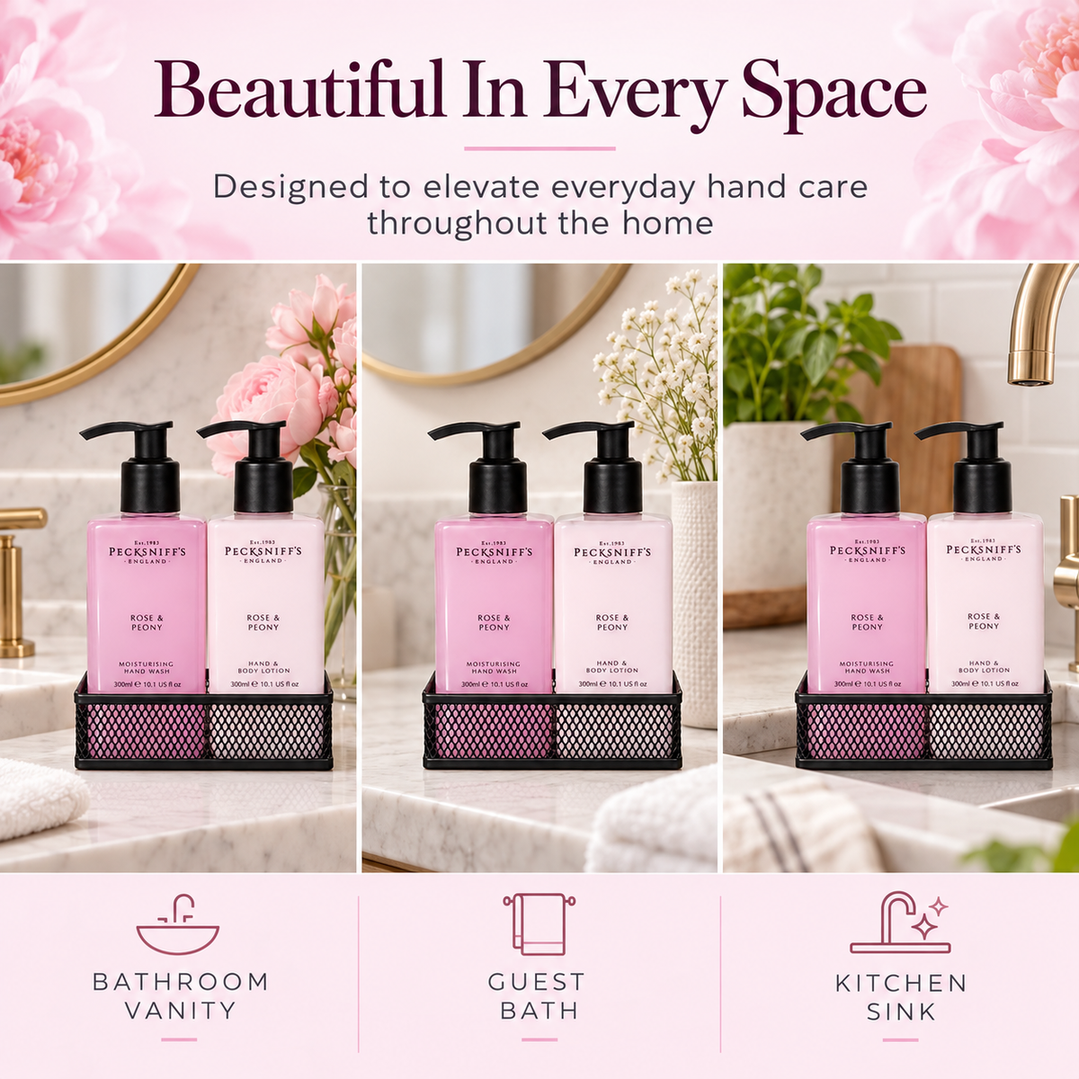 Pecksniff's Rose & Peony Moisturizing Hand Wash, Lotion & Caddy | 300ml/10.14 Fl oz