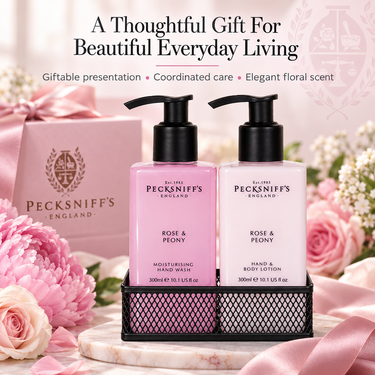 Pecksniff's Rose & Peony Moisturizing Hand Wash, Lotion & Caddy | 300ml/10.14 Fl oz