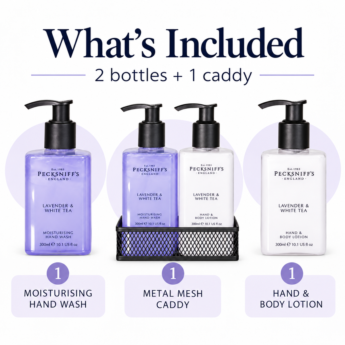 Pecksniff's Lavender & White Tea Classic Hand Wash, Lotion & Caddy