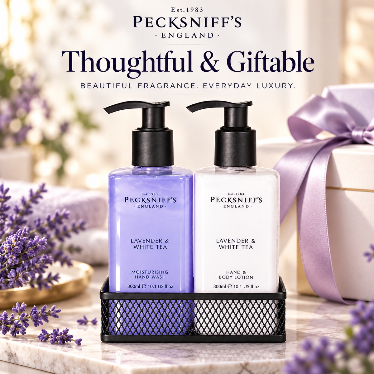 Pecksniff's Lavender & White Tea Classic Hand Wash, Lotion & Caddy