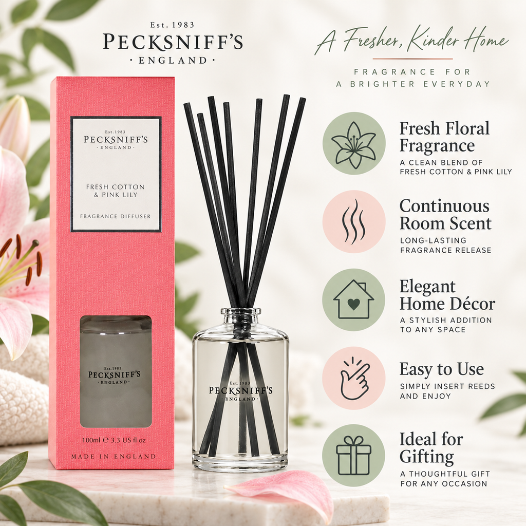 Pecksniffs Fresh Cotton & Pink Lily Diffuser | 100ml/3.38 Fl Oz