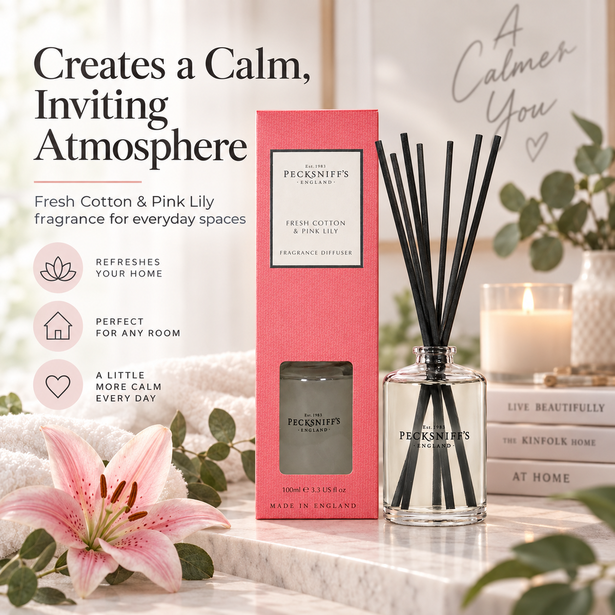 Pecksniffs Fresh Cotton & Pink Lily Diffuser | 100ml/3.38 Fl Oz