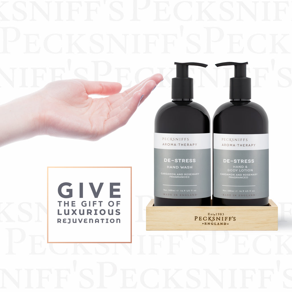 Pecksniff's Aroma:Therapy De-Stress Duo Caddy, 500 ml/16.9 fl oz Hand Wash and 500 ml/16.9 fl oz Hand & Body Lotion