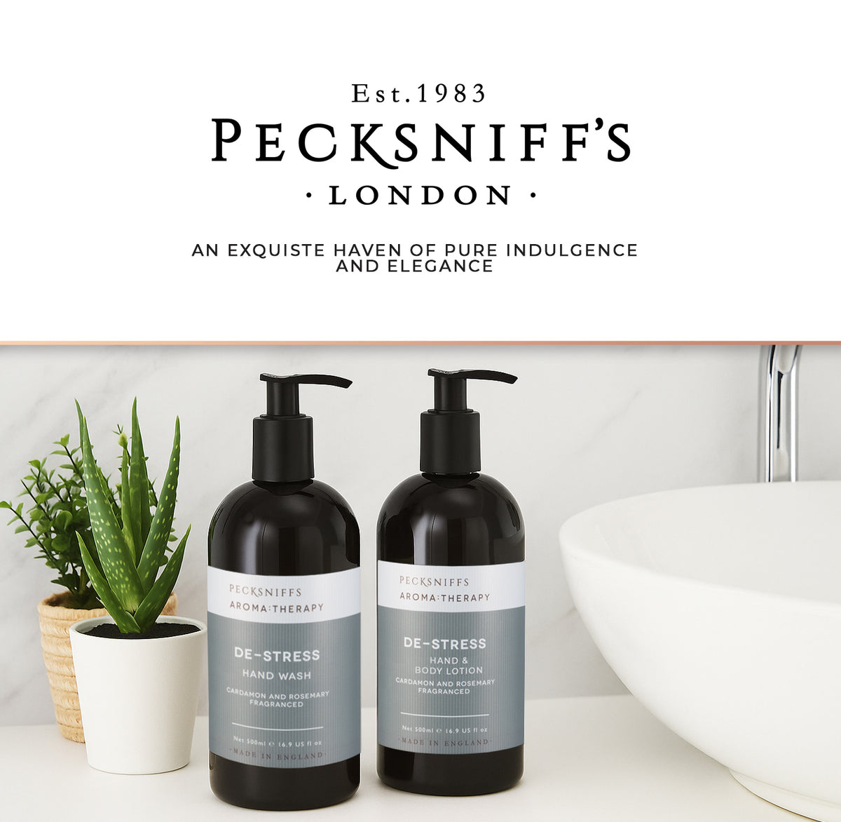 Pecksniff's Aroma:Therapy De-Stress Duo Caddy, 500 ml/16.9 fl oz Hand Wash and 500 ml/16.9 fl oz Hand & Body Lotion