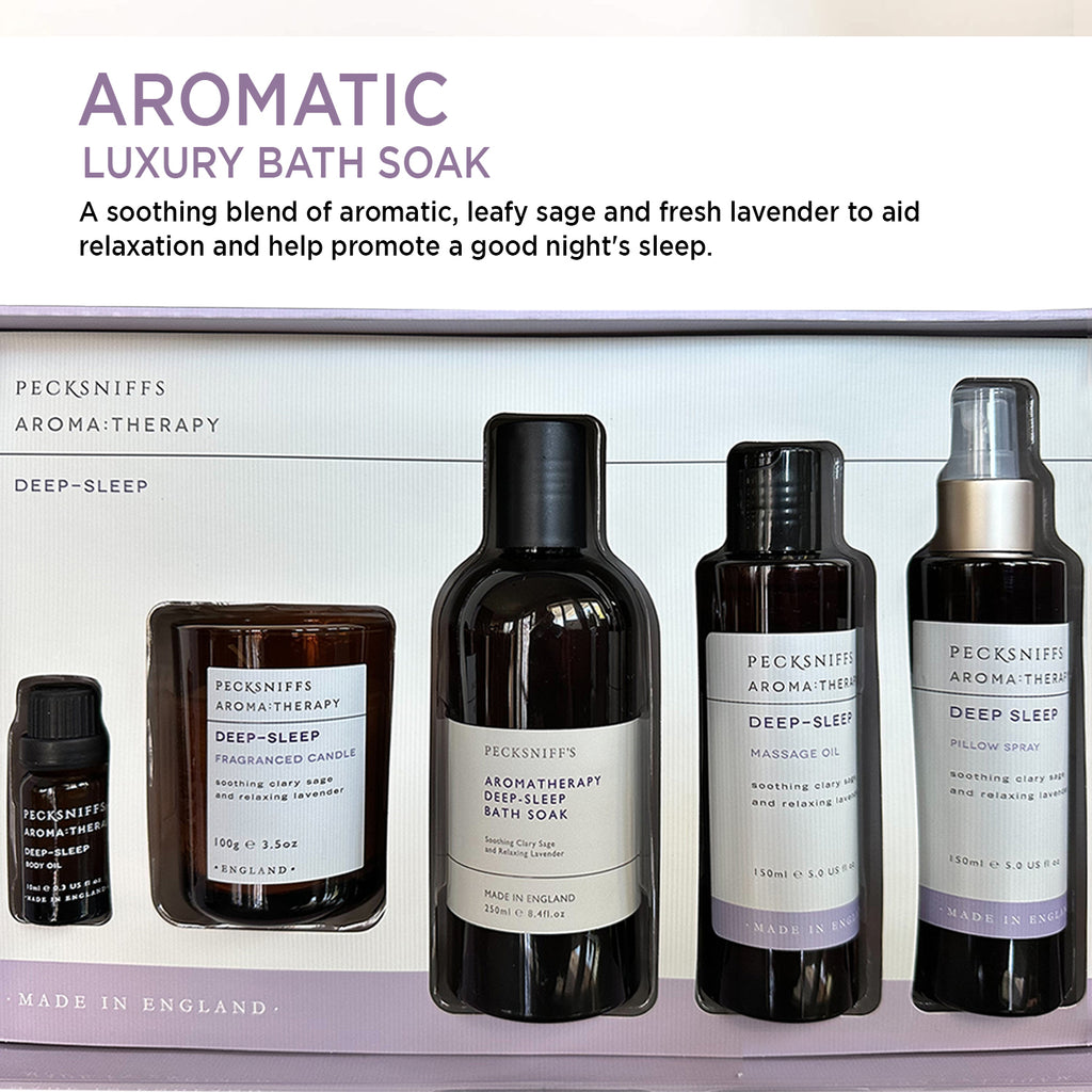 Pecksniffs Aroma:Therapy Deep-Sleep Gift Set: Bath Soak, Candle, Pillow Spray, Massage Oil