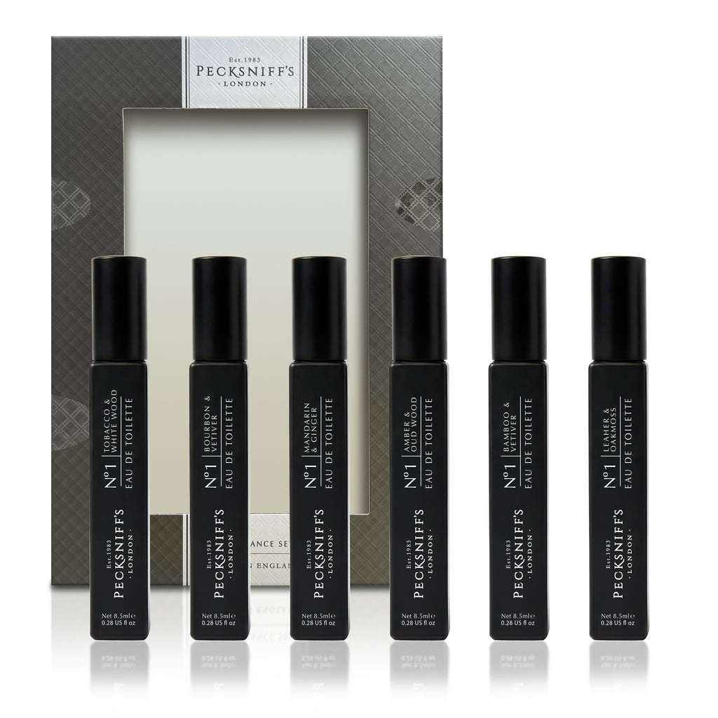 Pecksniff’s Men’s Essentials Fragrance Gift Set – 6x10 ml Eau de Toilette Collection – Luxury Mini Cologne Sampler, Designed in England
